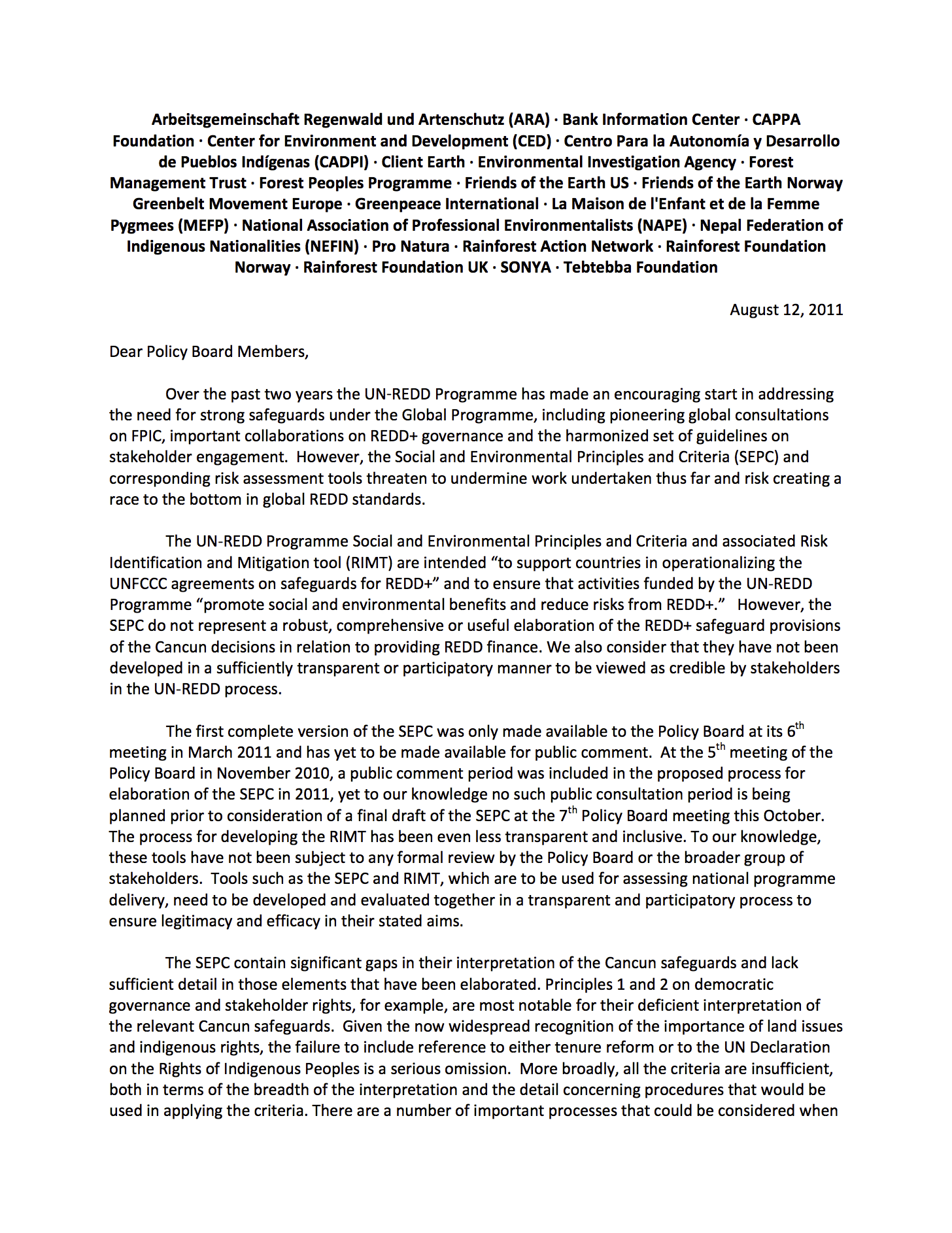 Letter to Policy Board Members
