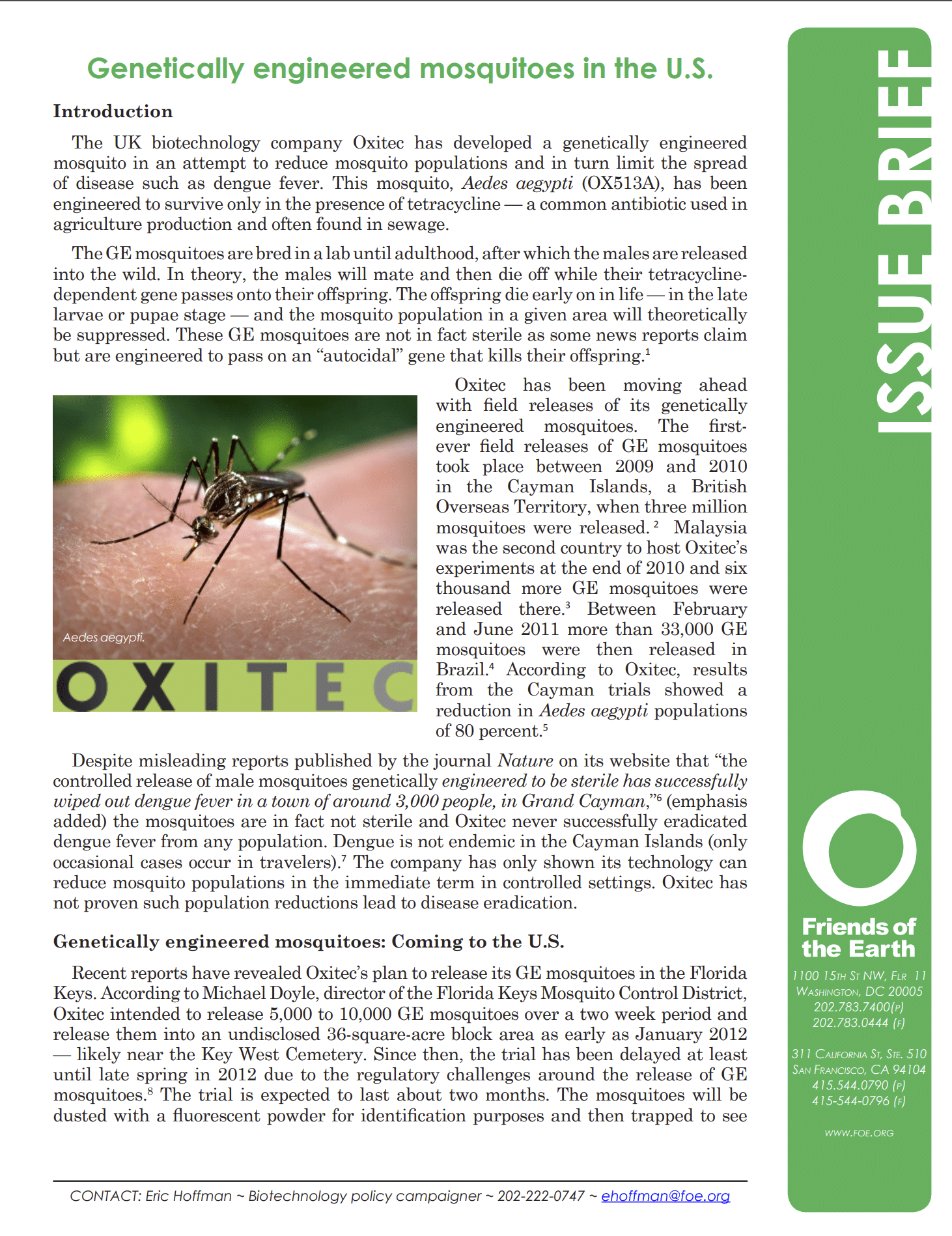 Genetically Engineered Mosquitoes in the U.S. Issue Brief