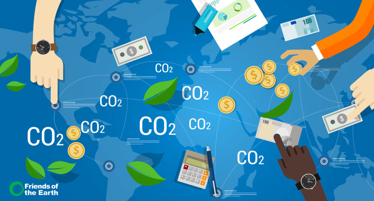A graphic showing money and carbon dioxide traveling around a world map