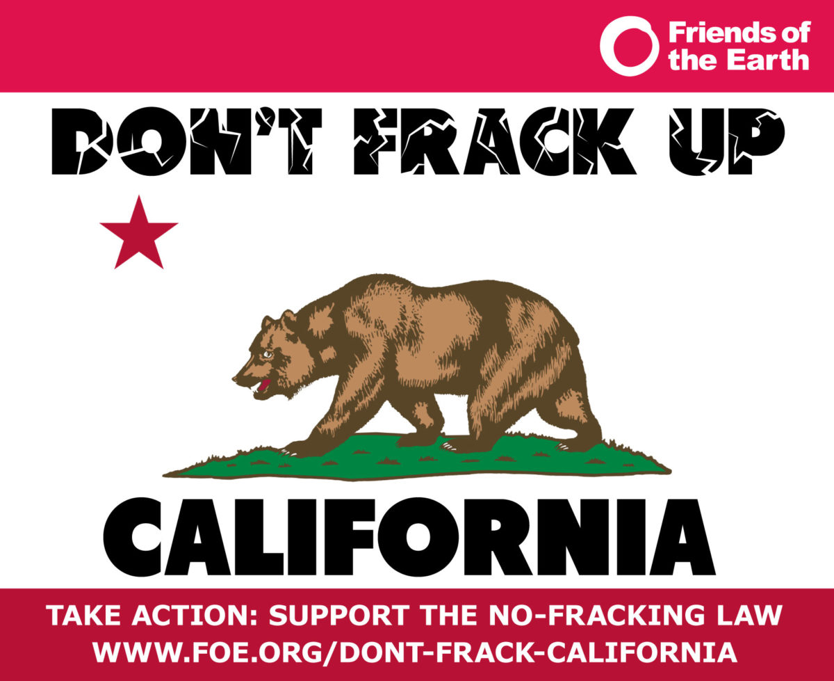 A parody of a California flag that says "Don't Frack Up California"