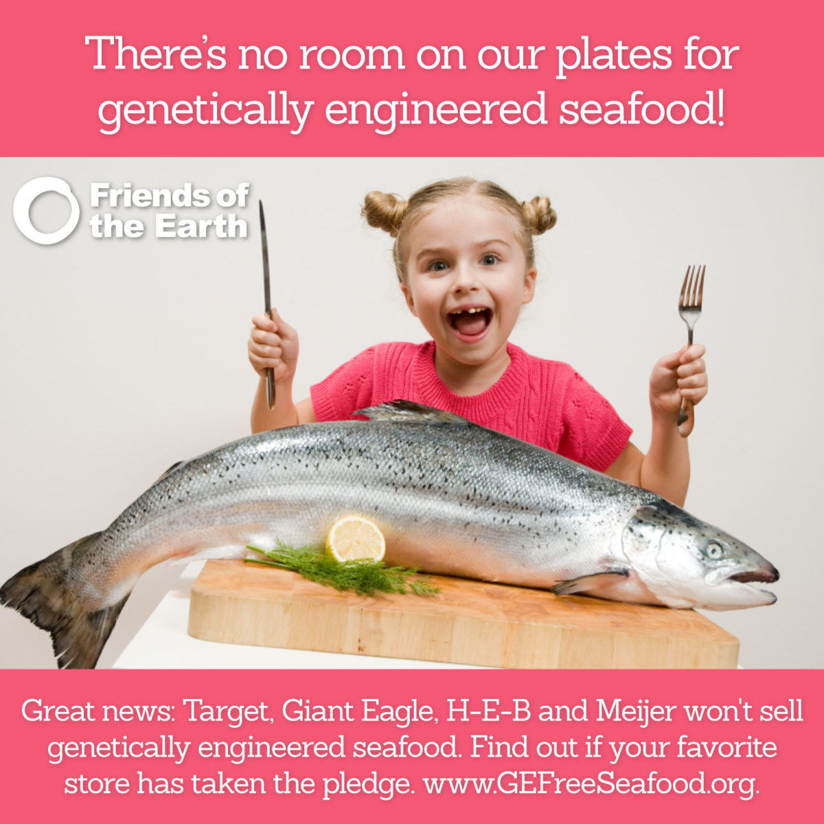 A graphic against genetically modified salmon with a picture of a child holding a fork and knife behind a large fish