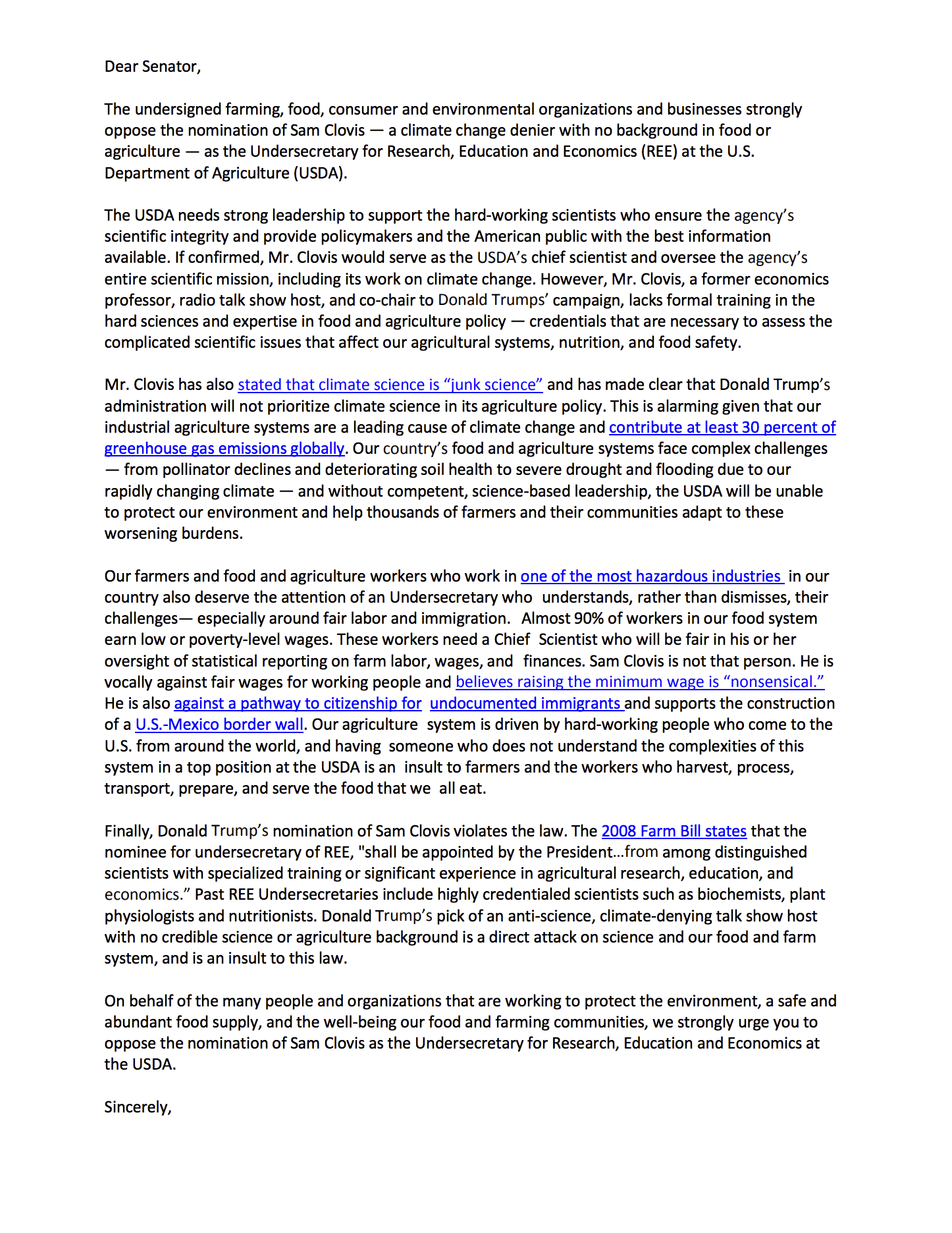 Letter in Opposition to Sam Clovis’s USDA Nomination