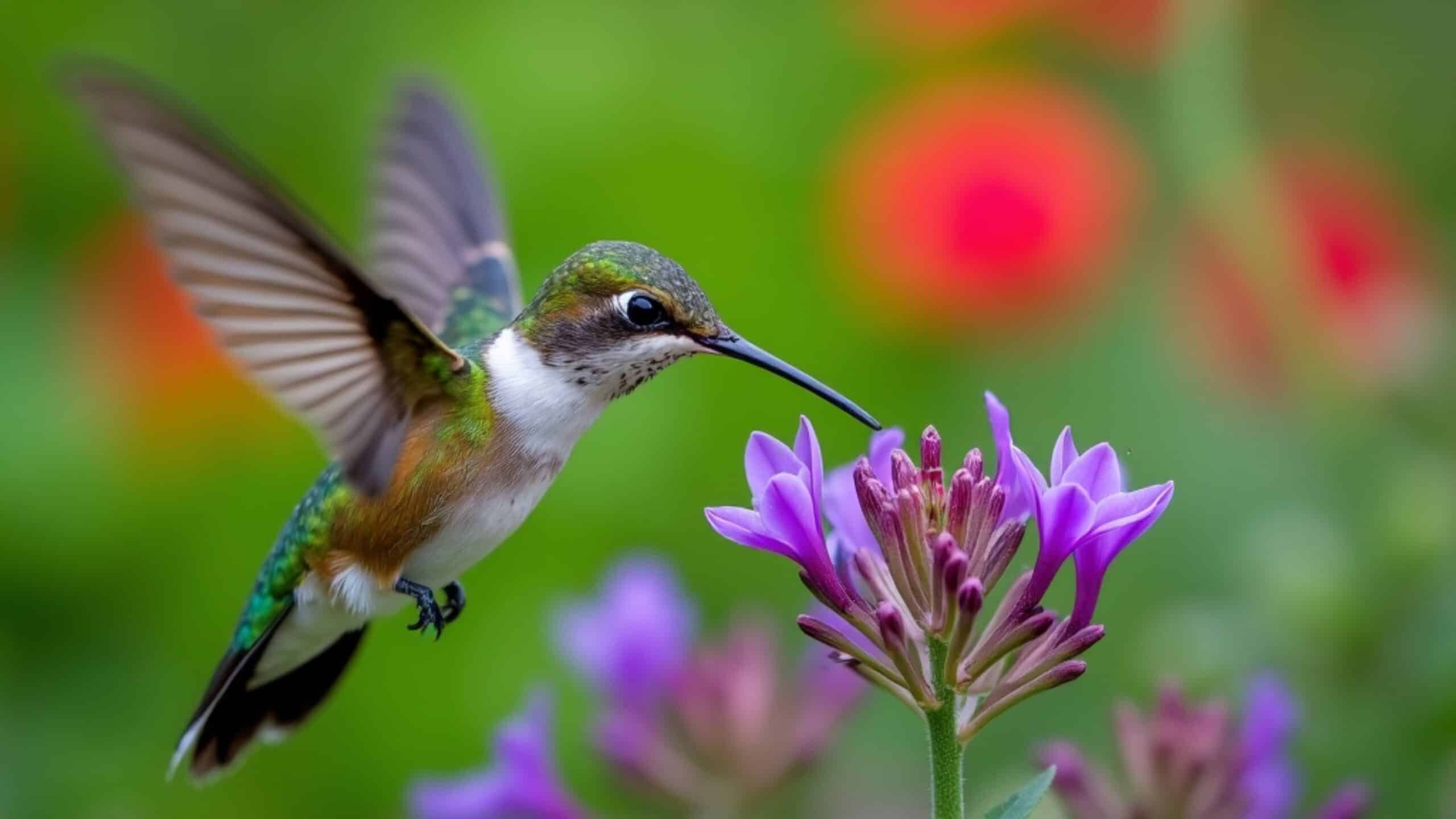 May contain a hummingbird drinking nectar from a purple flower.