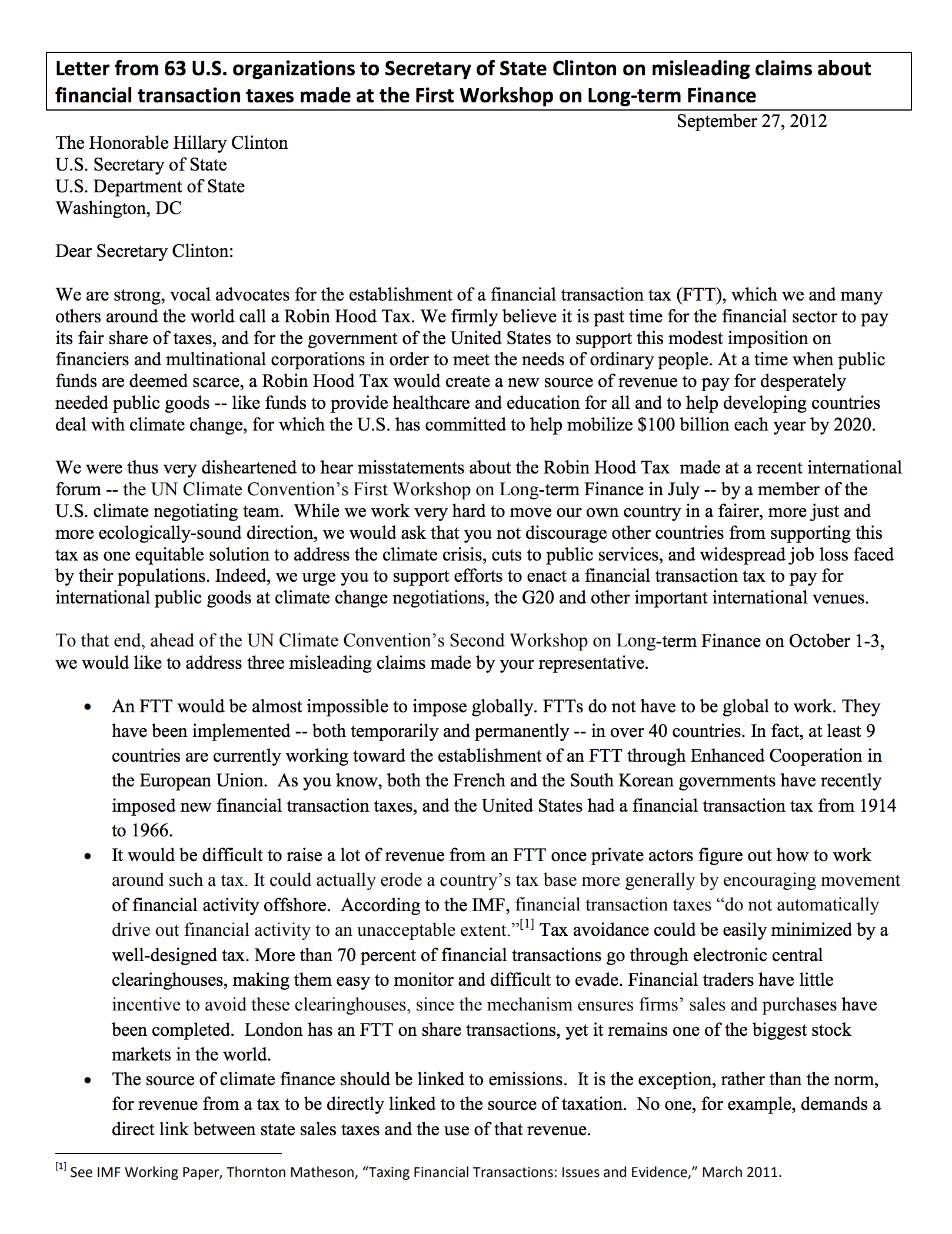Letter to Secretary of State Hillary Clinton RE: Robin Hood Tax
