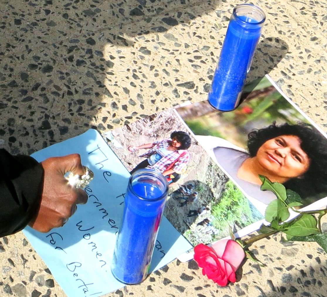 Berta Lives! protest with candle tribute outside the UN in NYC. March 8, 2016