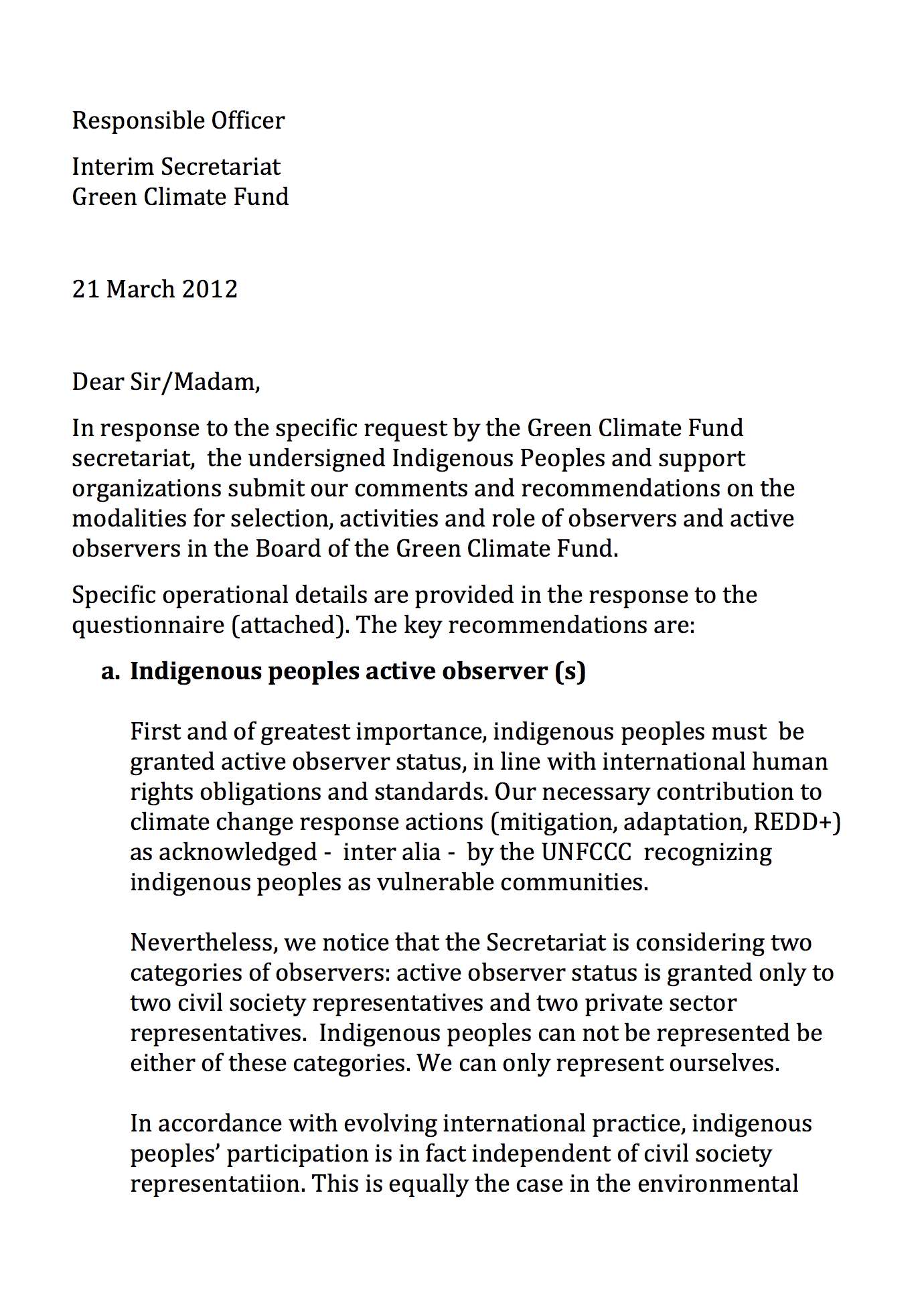Letter to GCF Secretariat