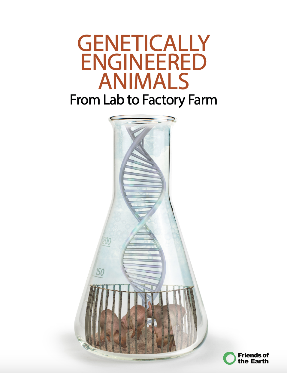 May contain a beaker with DNA, pigs, and text about genetically engineered animals.