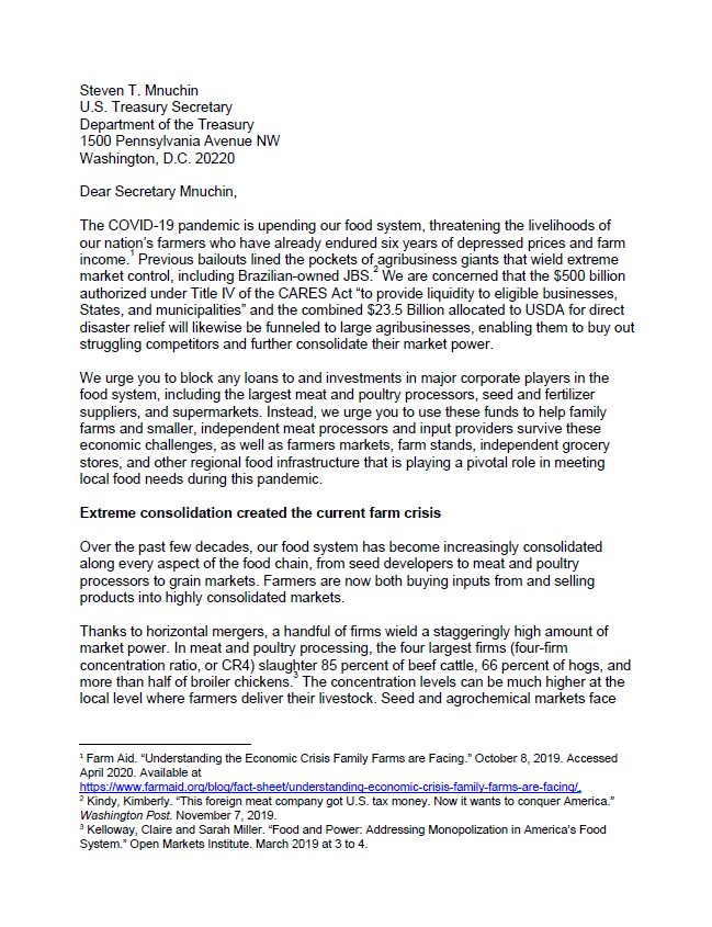 Letter to Mnuchin on Big Ag COVID Relief
