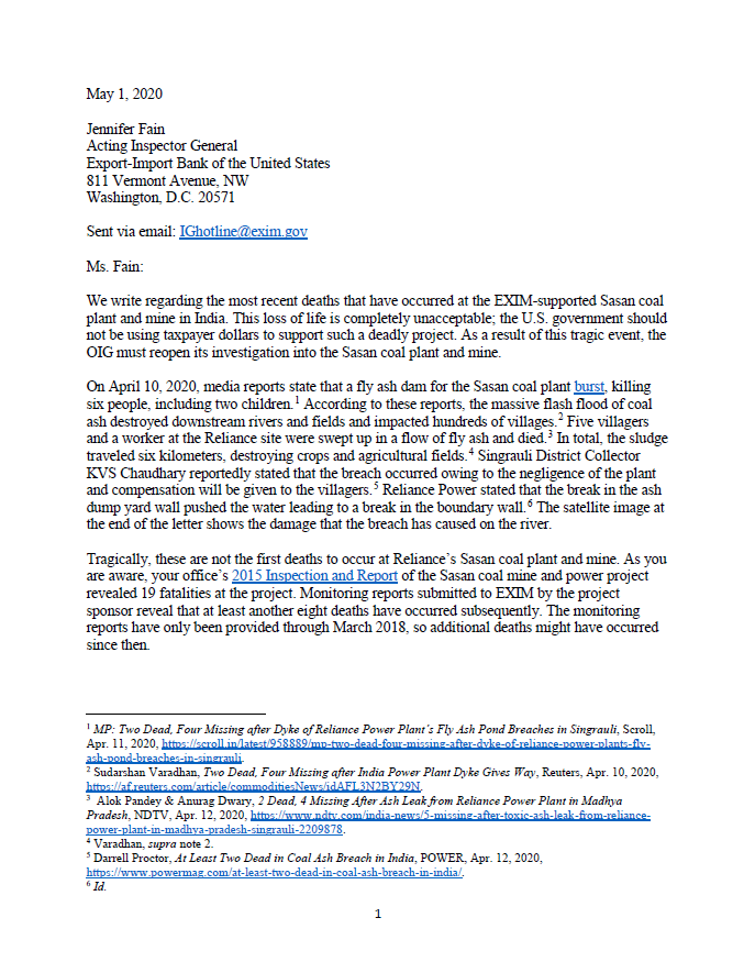 Letter to EXIM Inspector General on Sasan ash spill