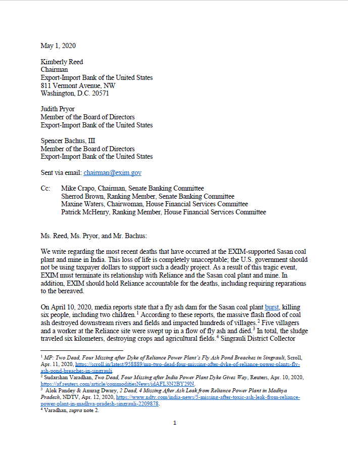 Letter to EXIM Bank on Sasan ash spill