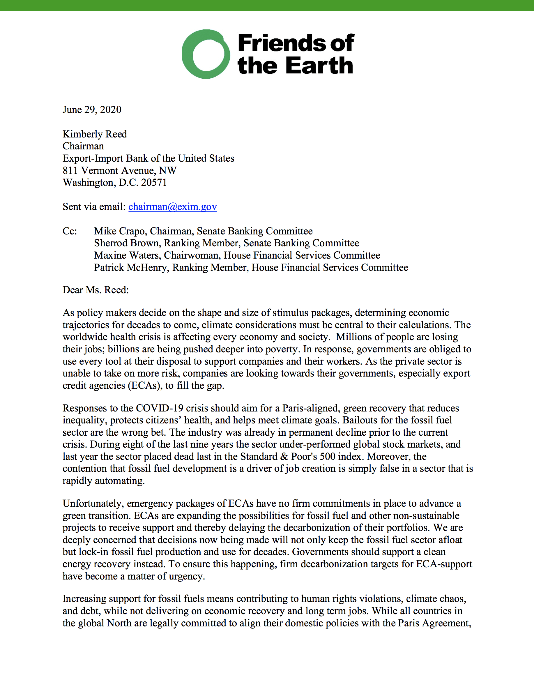Letter to Ex-Im Bank on COVID-19