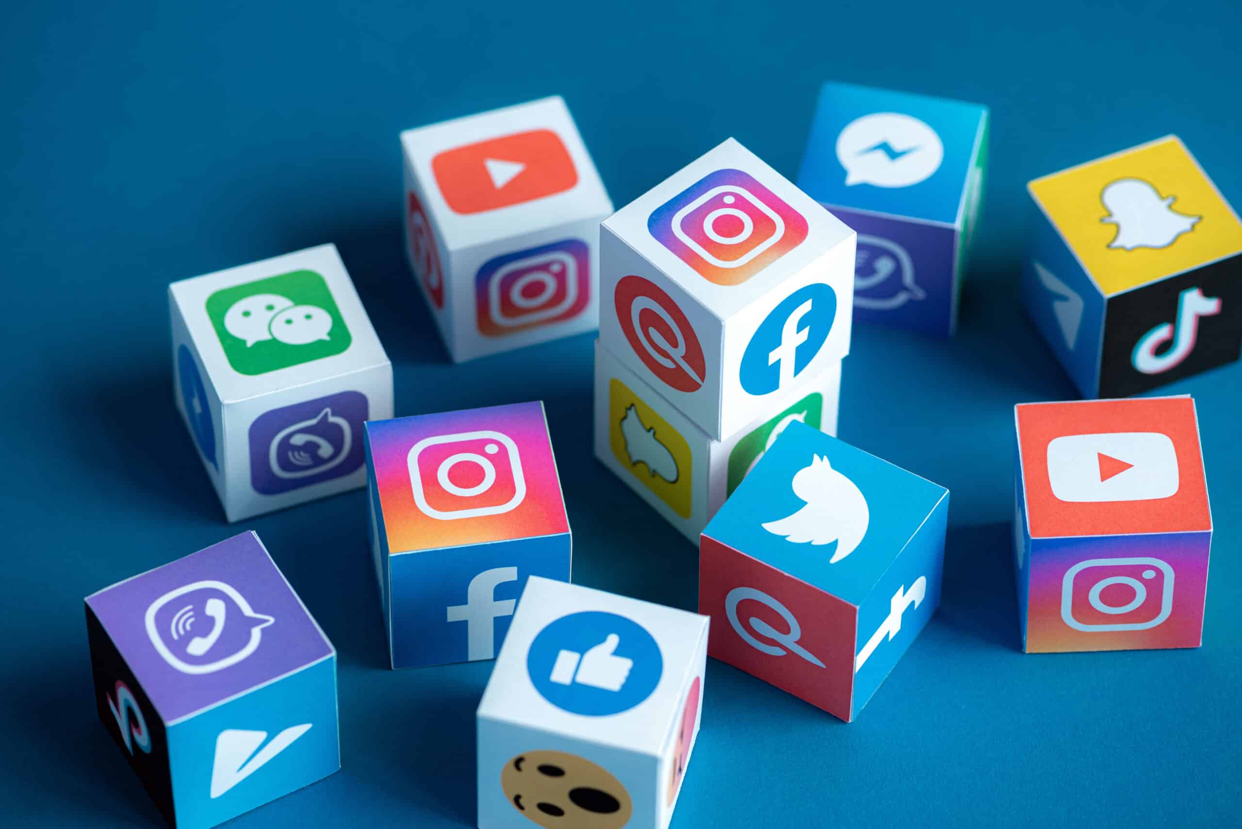 May contain cubes with social media logos like Facebook, Instagram, Twitter, YouTube, TikTok, Snapchat, Pinterest, Viber, WeChat, and Messenger.