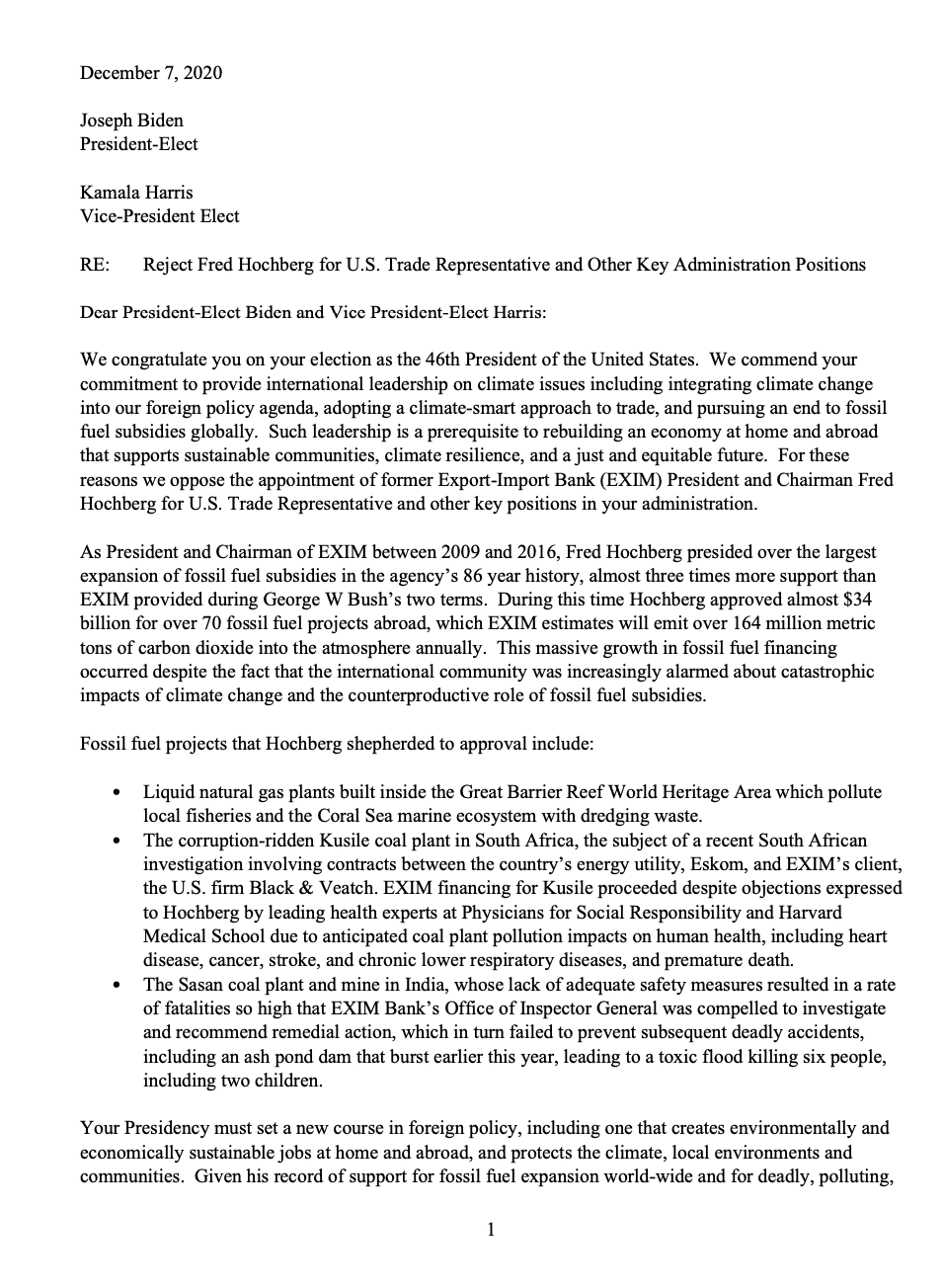 Letter Opposing Fred Hochberg for Biden Administration