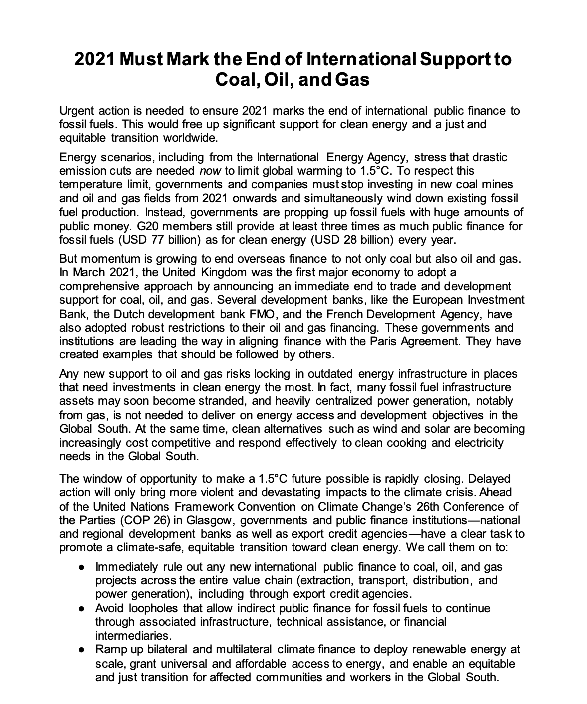 CSO letter on ending international public finance for fossil fuels