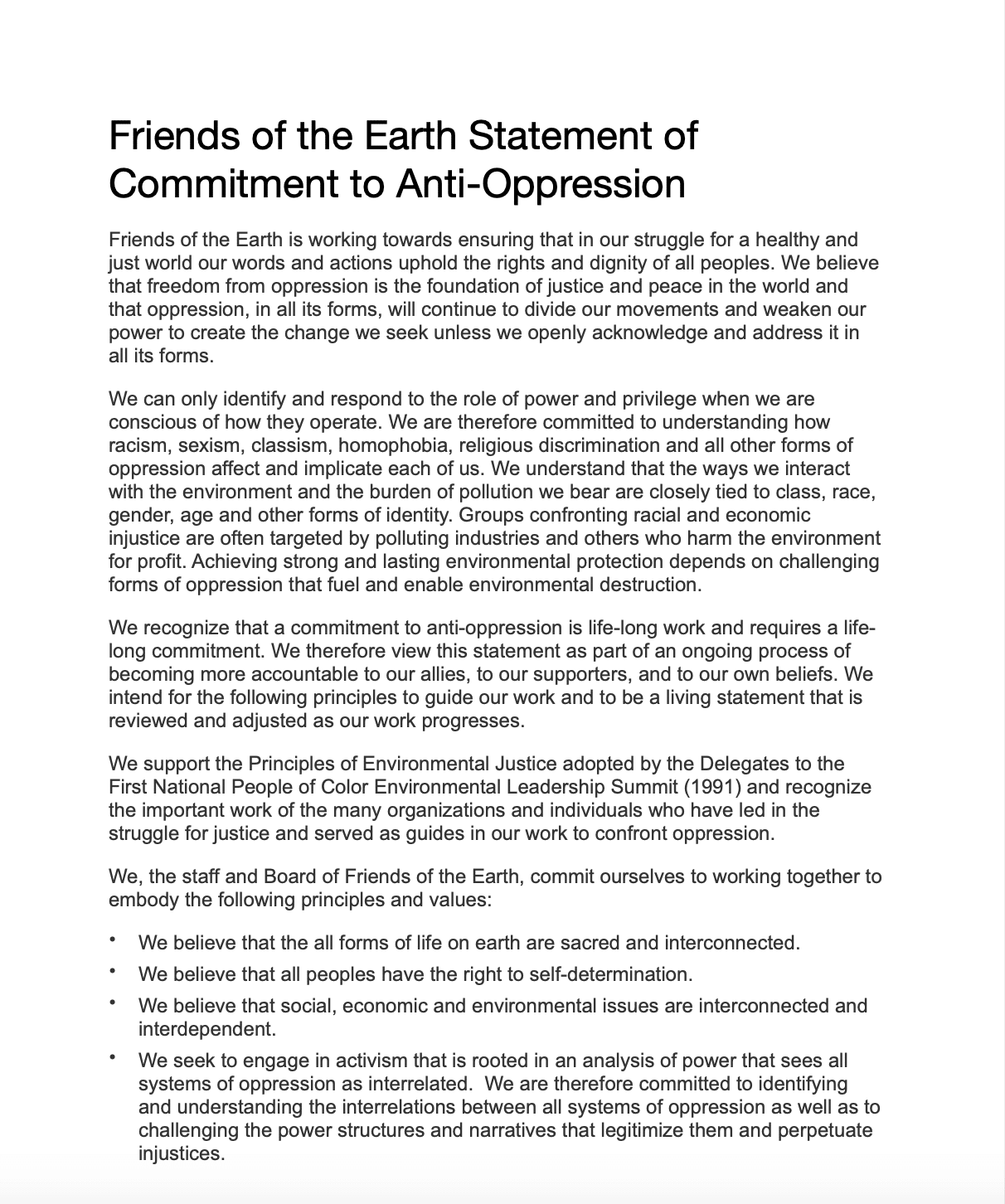 Friends of the Earth Statement of Commitment to Anti-Oppression