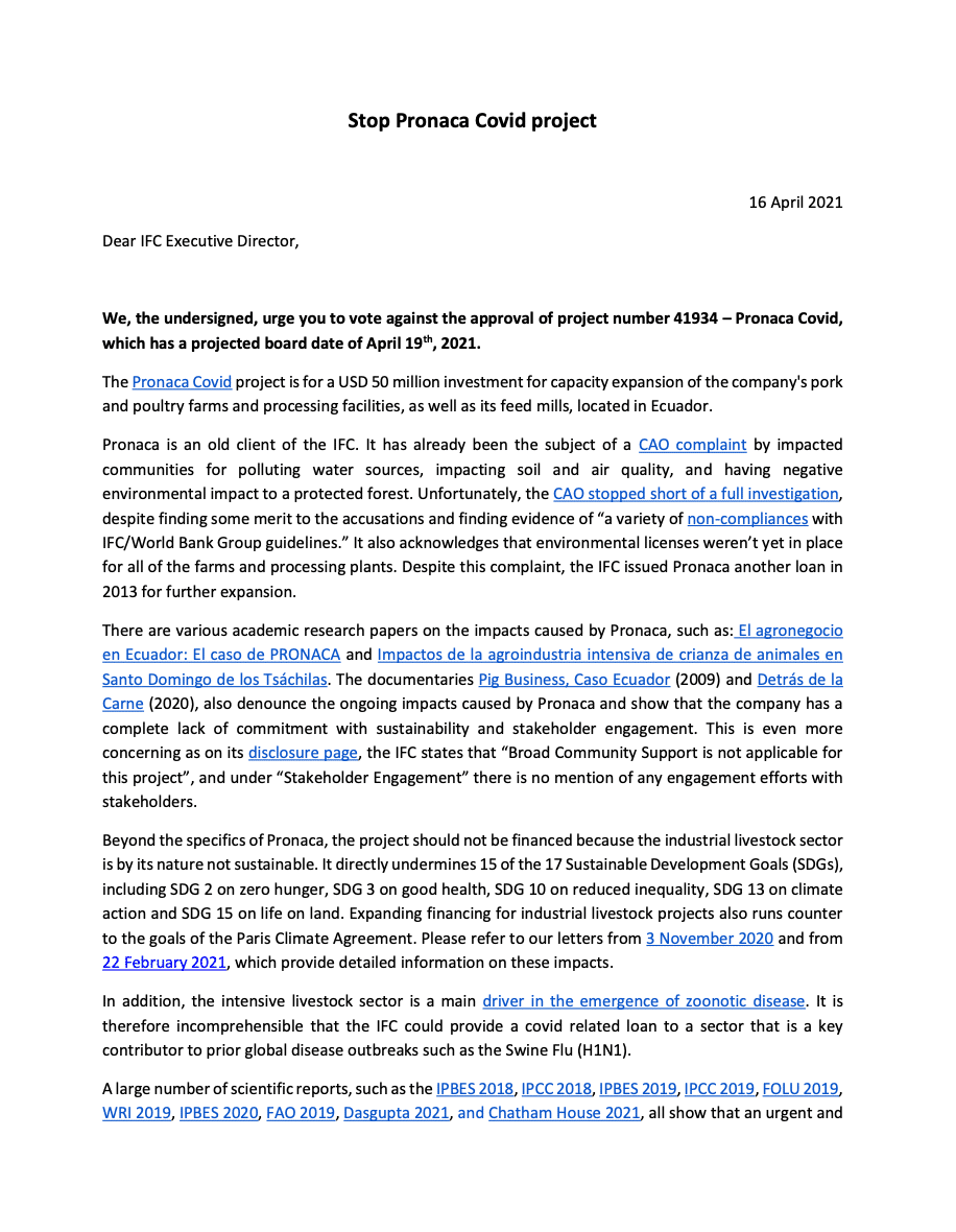 Letter to IFC on Pronaca