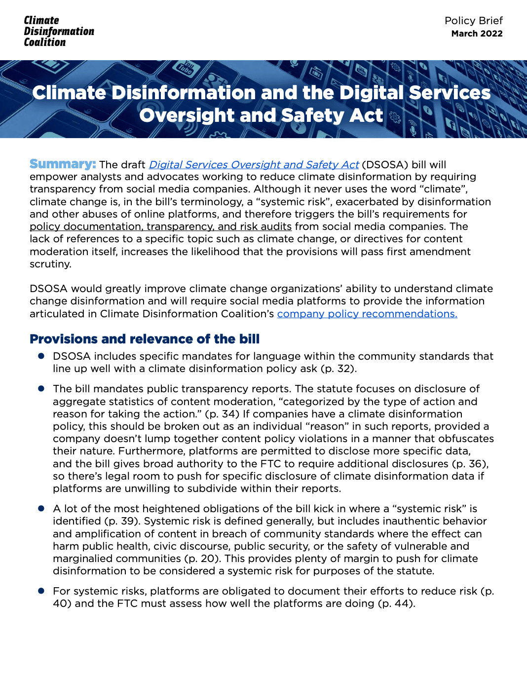 Climate Disinformation and the Digital Services Oversight & Safety Act