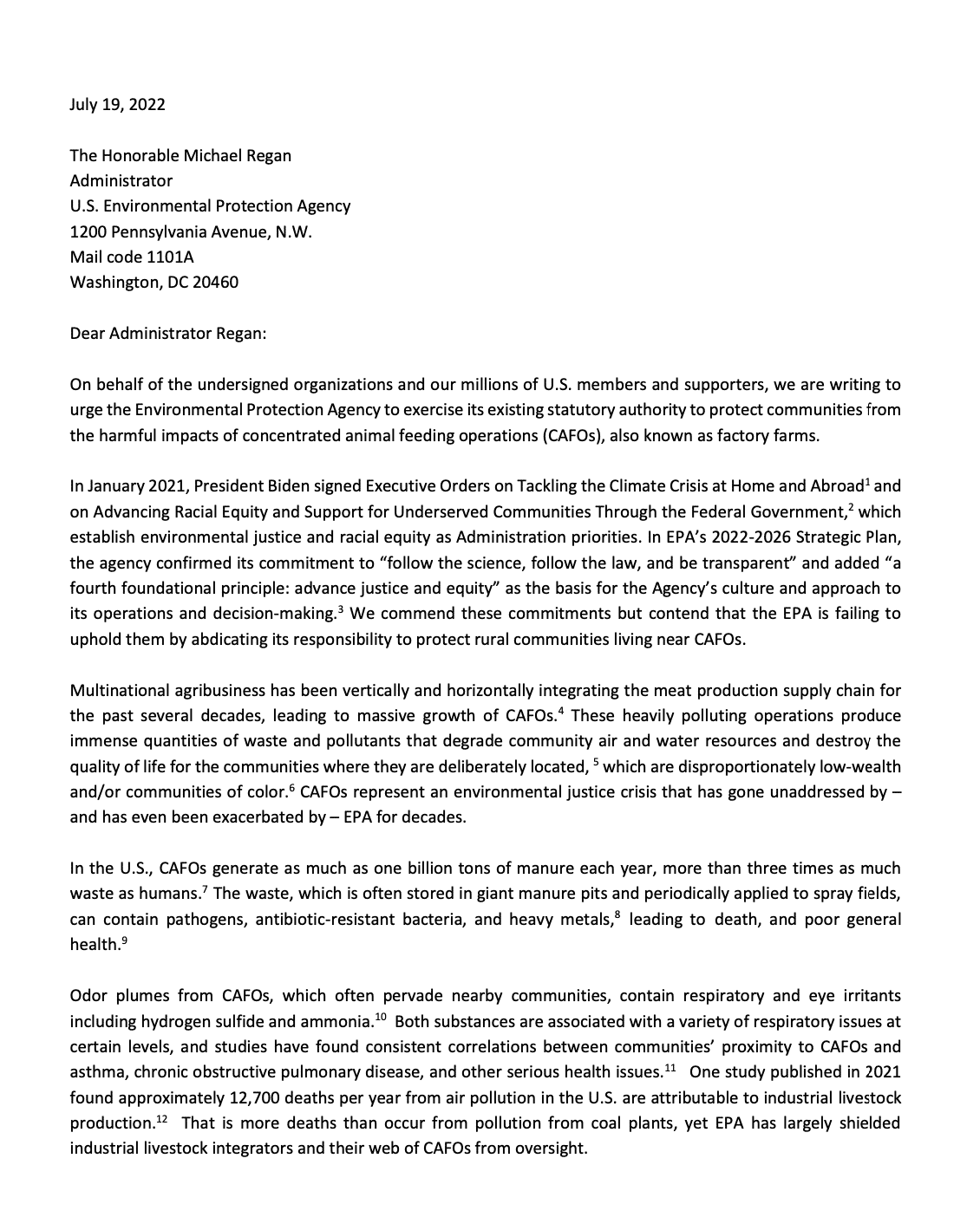 Letter to Sec. Regan on CAFOs