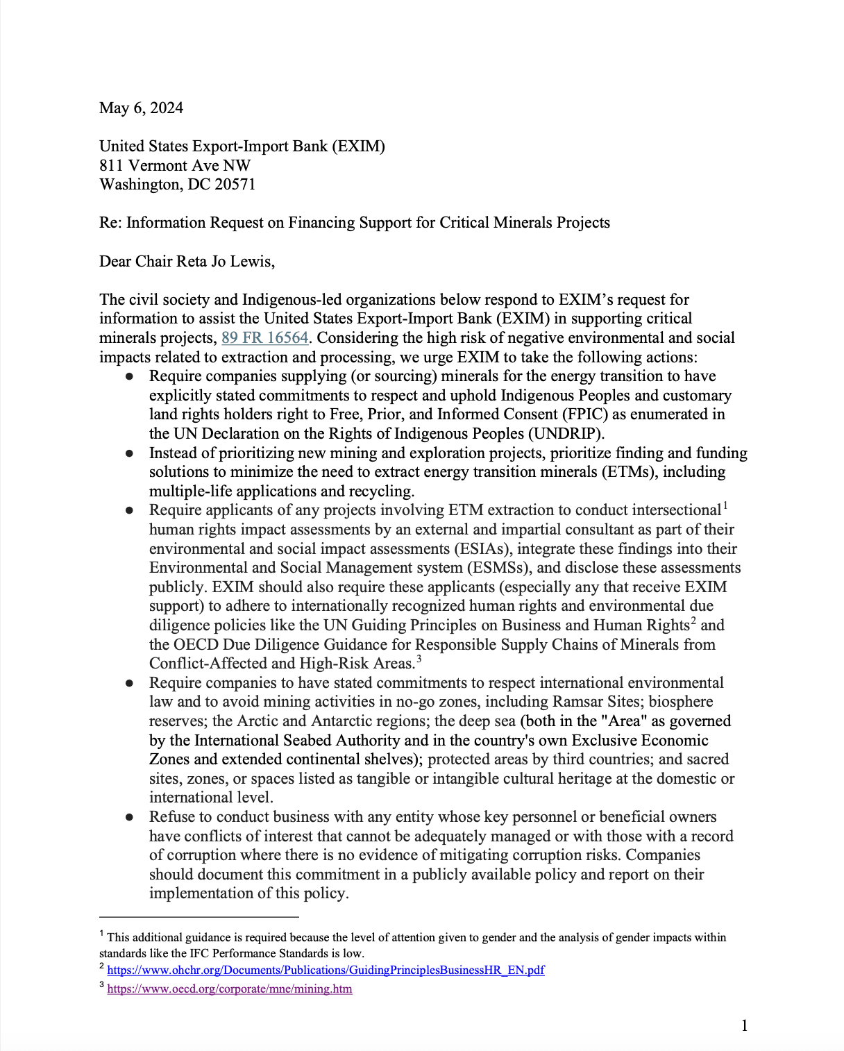 EXIM Bank critical minerals comments
