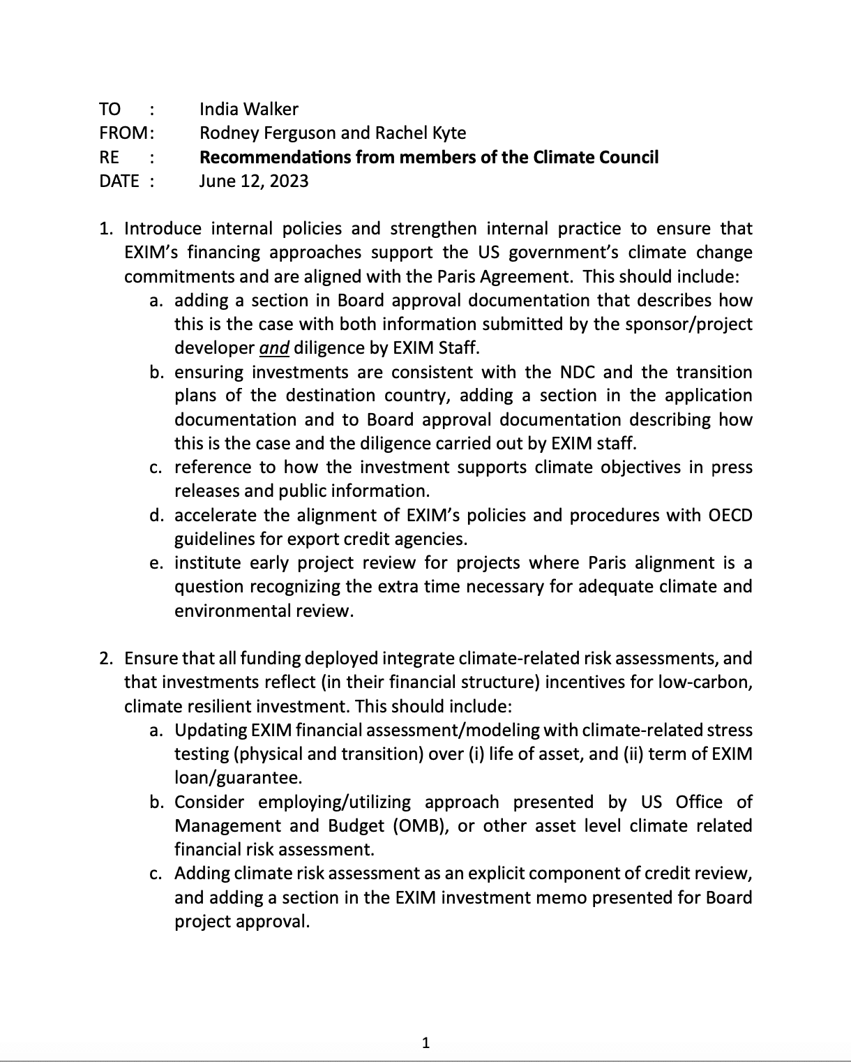 FOIA Response: Recommendations from EXIM Climate Council