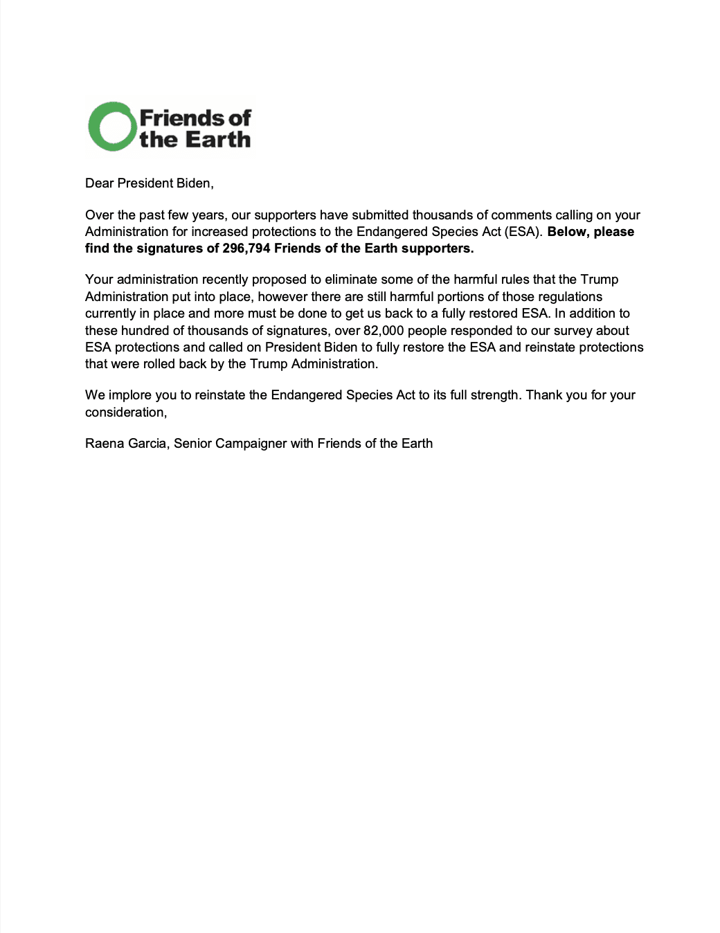 Letter to Biden on ESA petition delivery