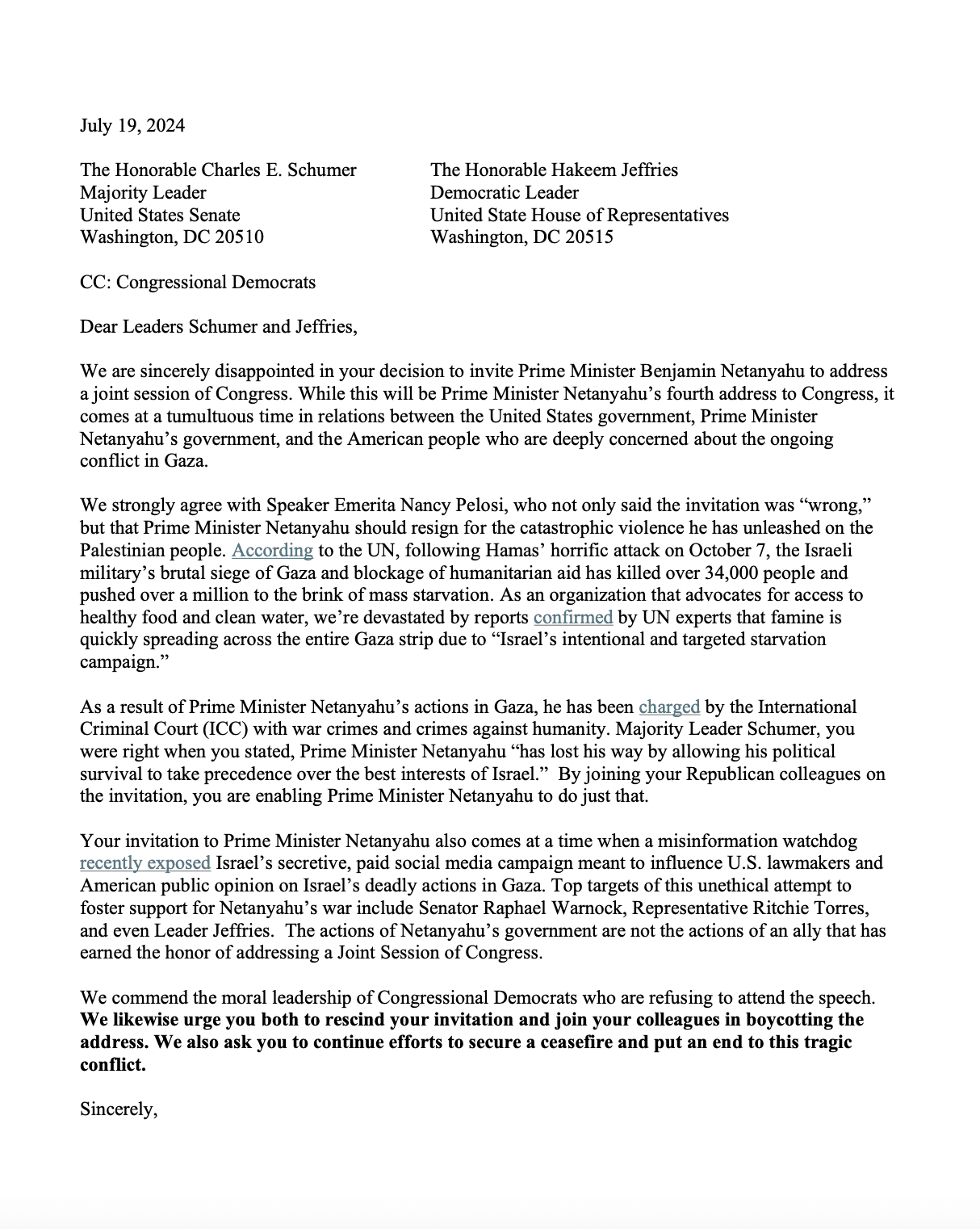 Netanyahu public letter