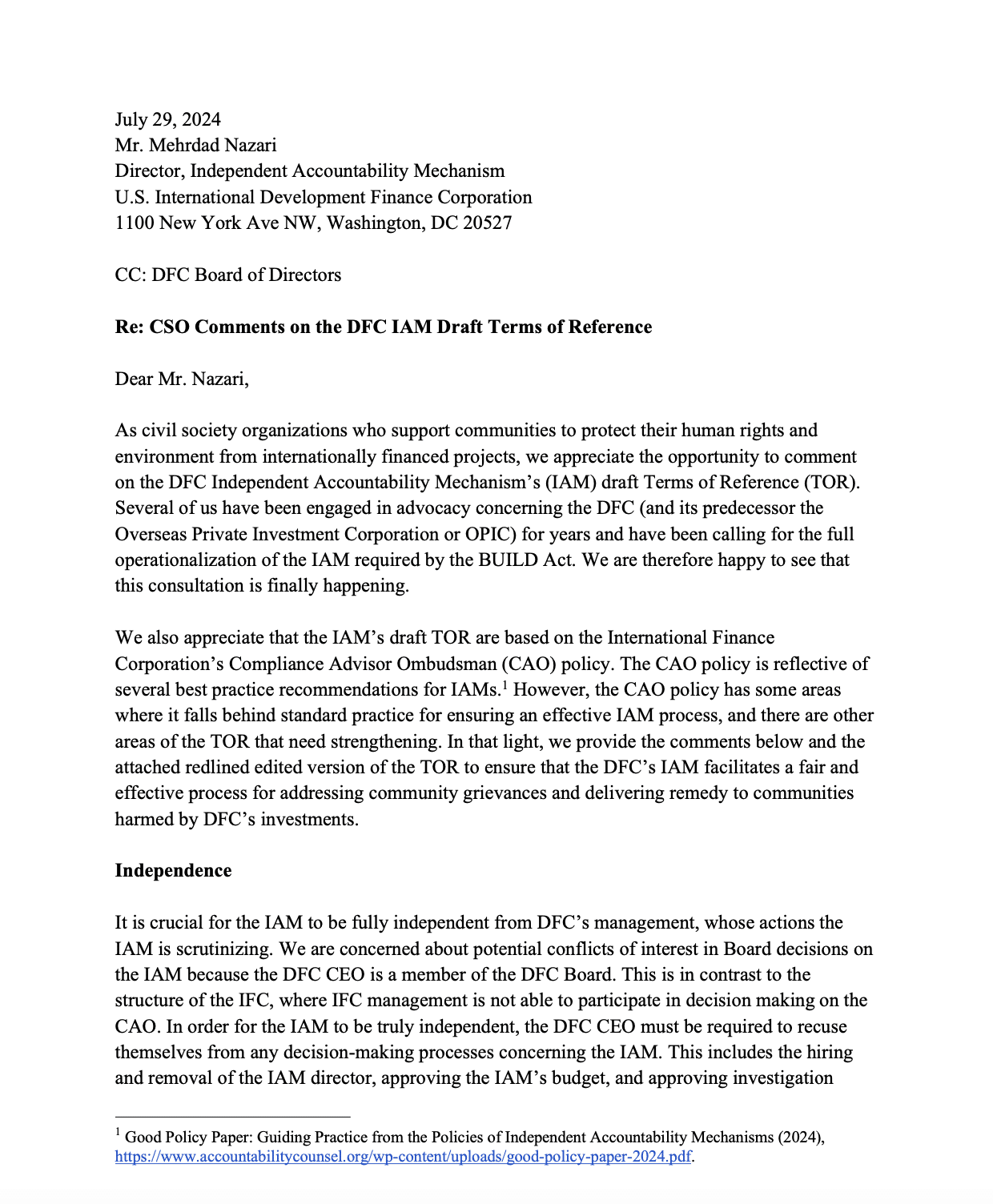Letter to DFC on IAM draft terms of reference