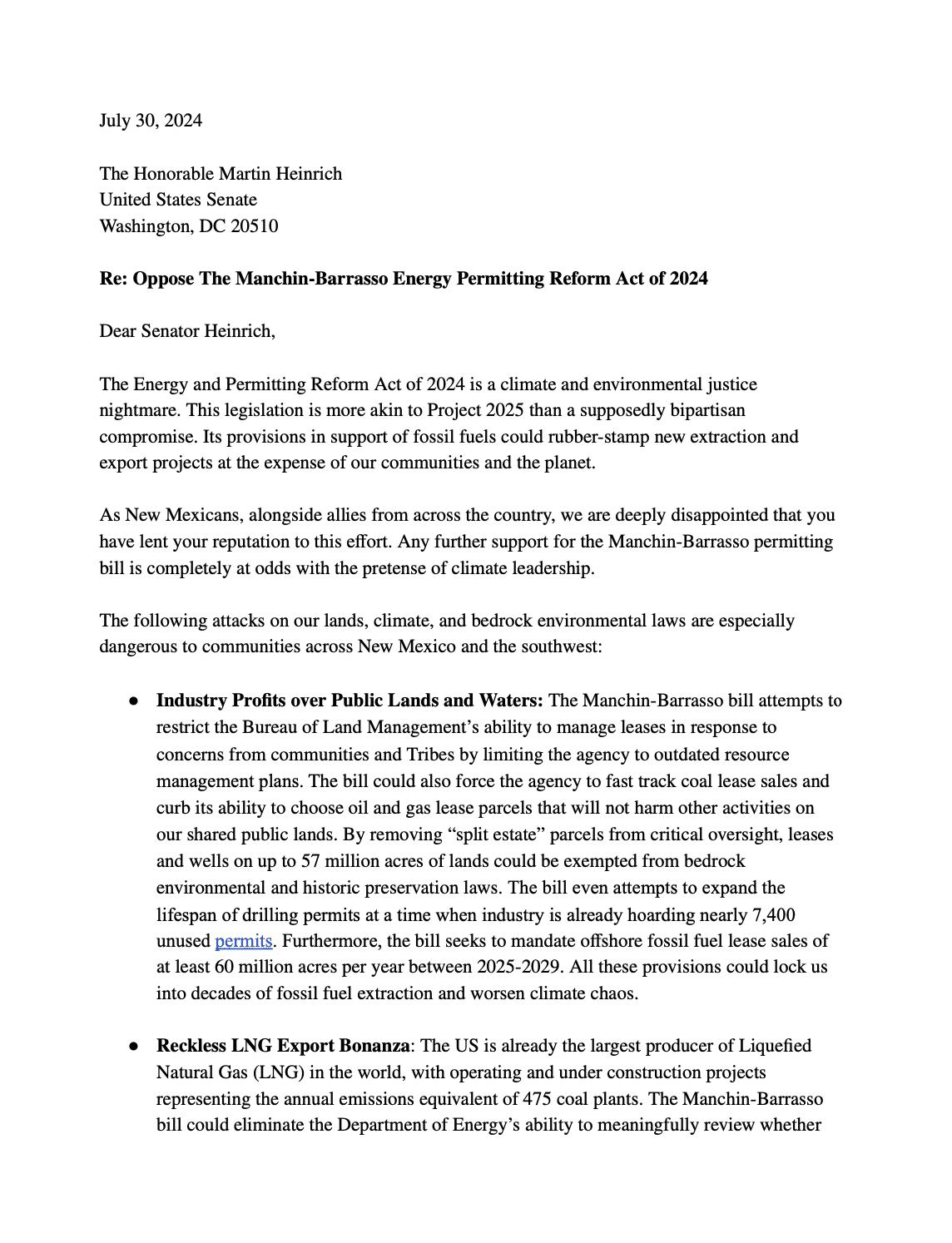 Letter on the Manchin-Barrasso Energy Permitting Reform Act of 2024