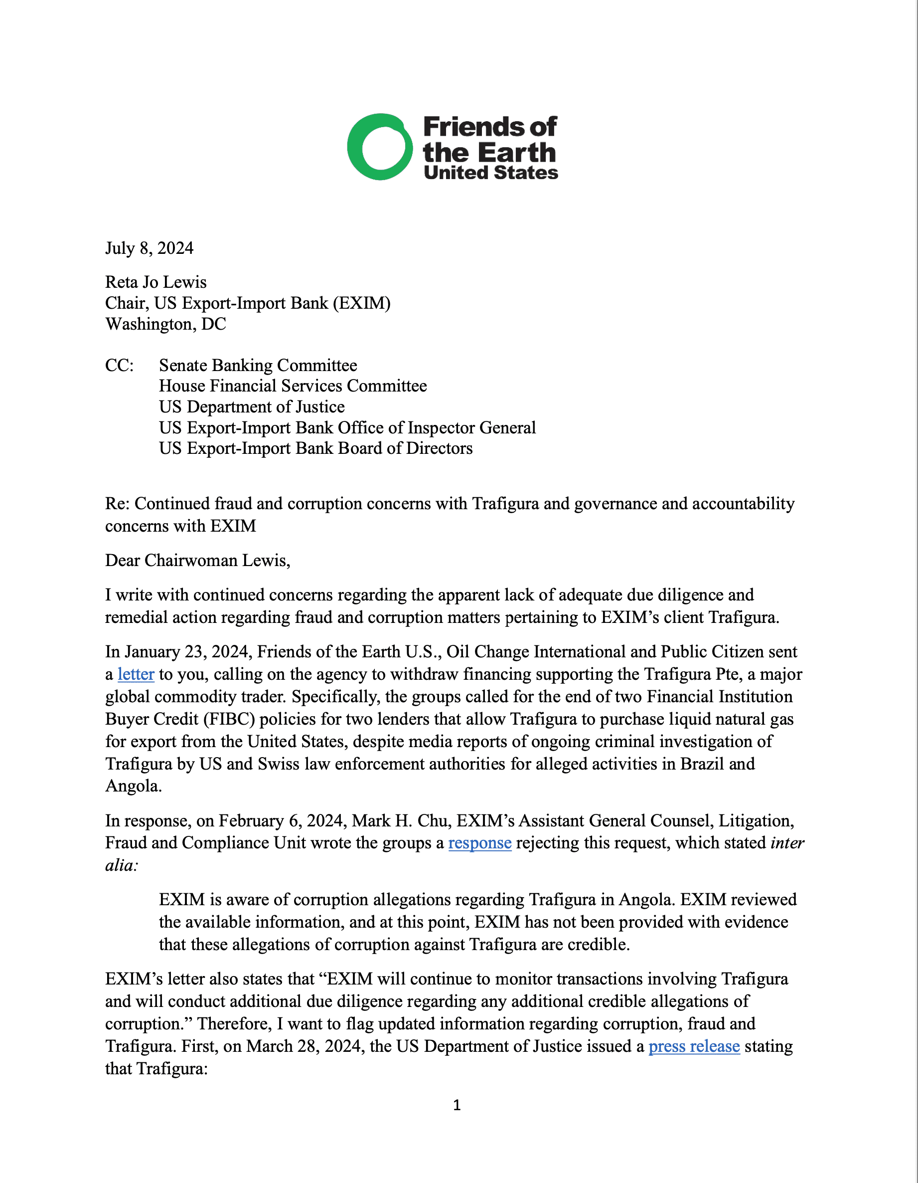 Letter to EXIM on Trafigura