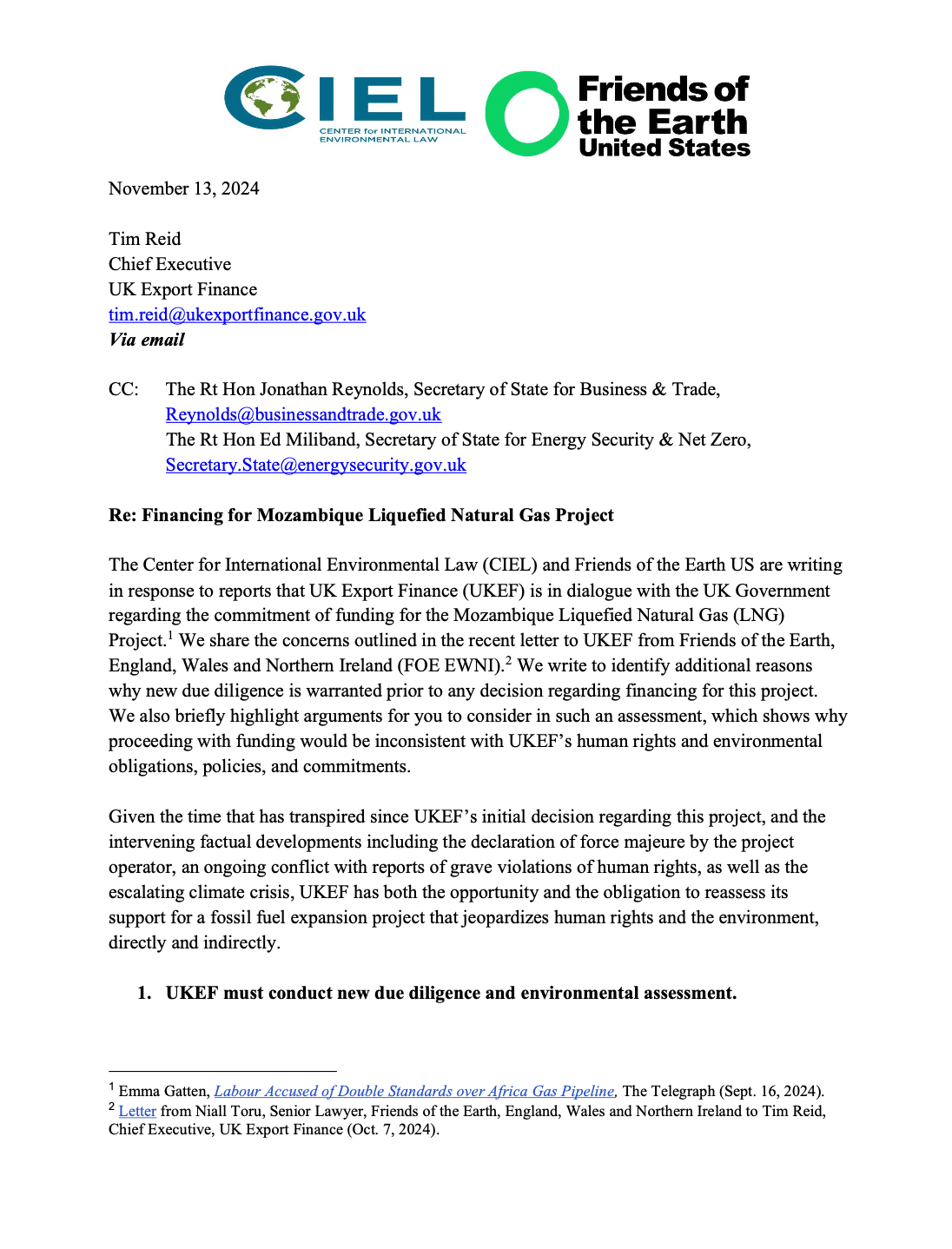 UKEF letter on Mozambique