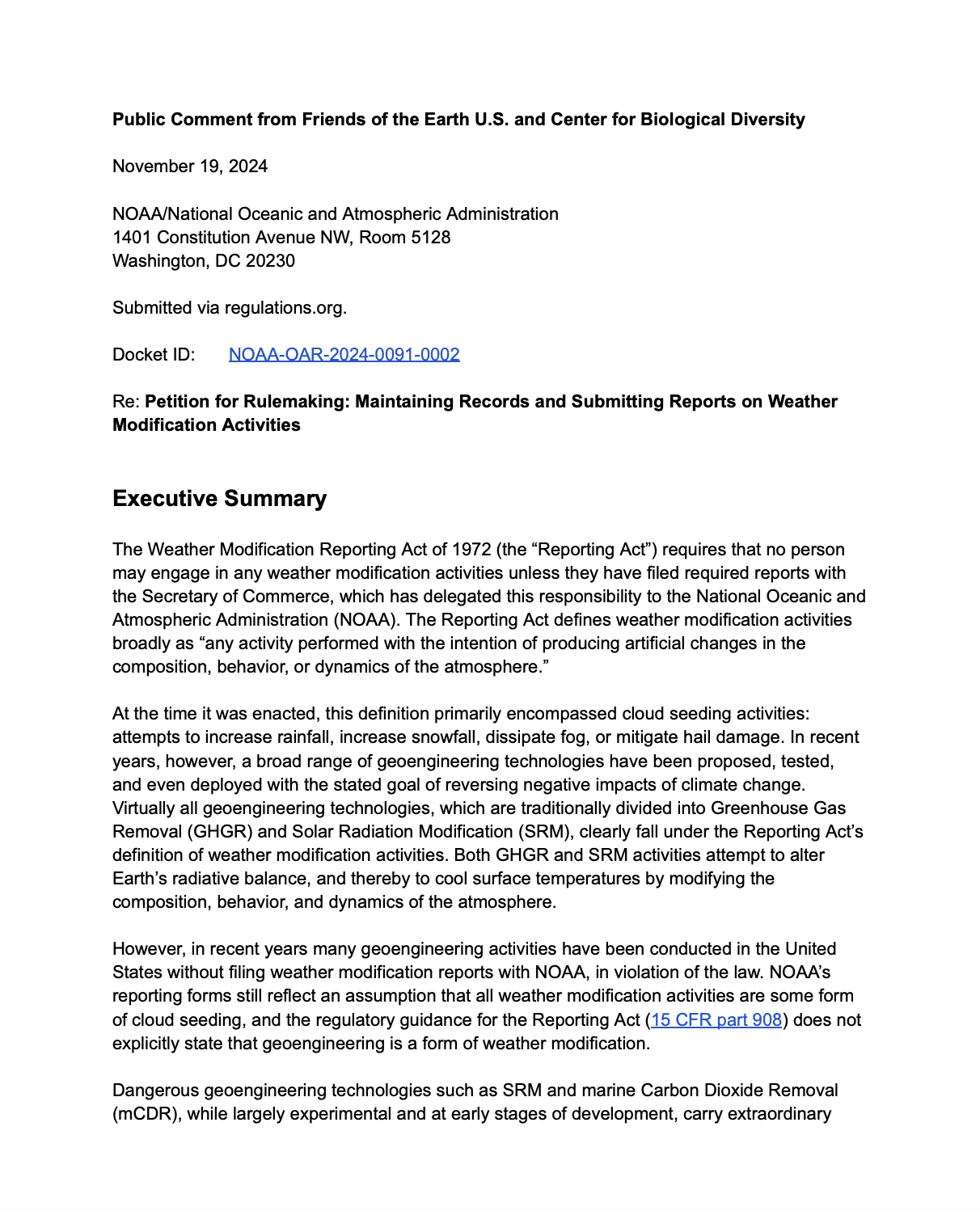 Letter to NOAA on Weather Modification Reporting Act of 1972