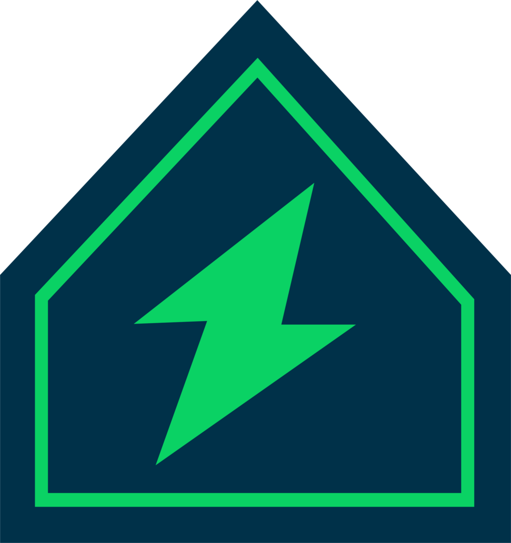 A green lightning bolt inside a house outline on a dark blue background.