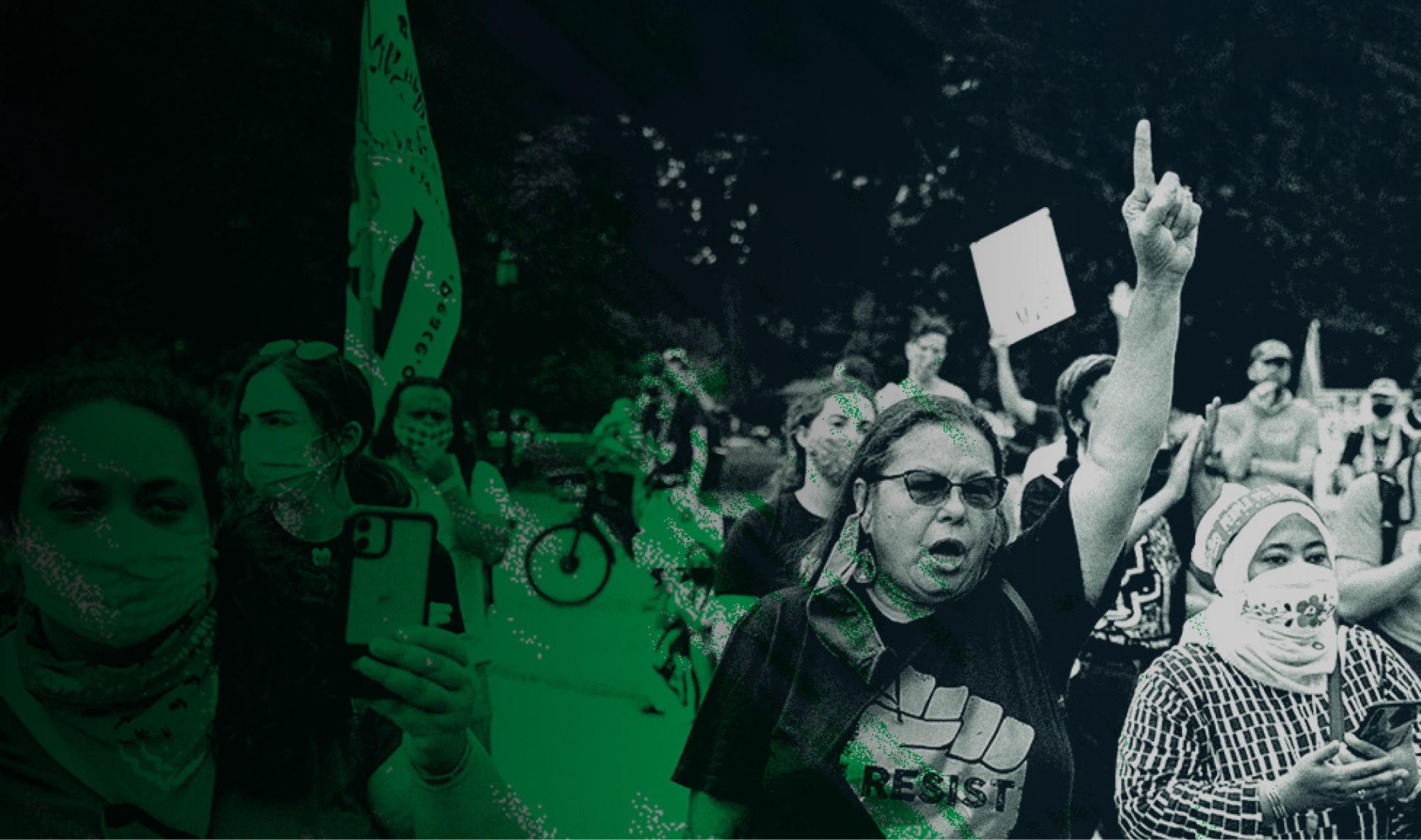 People protesting with a flag, signs, and one person with a raised fist.