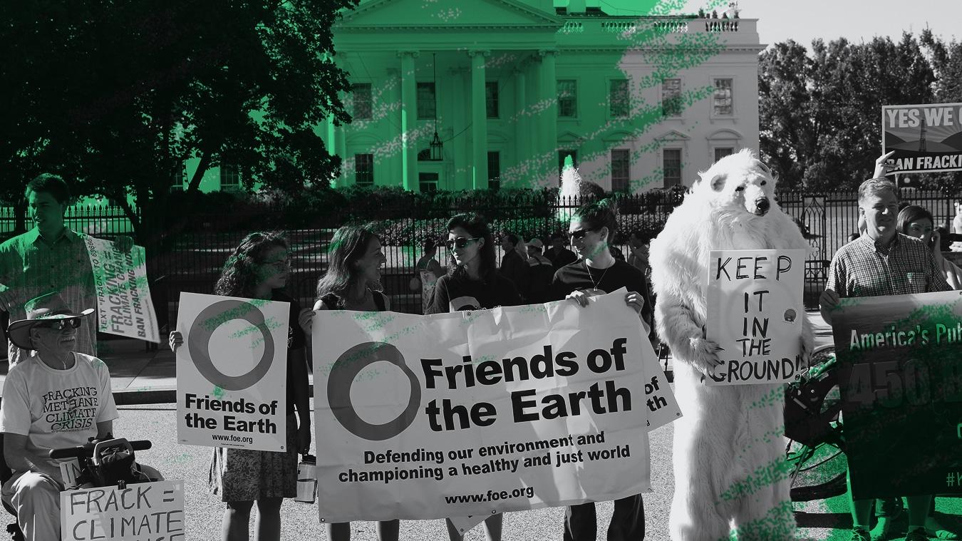 People protesting outside the White House with signs and a polar bear costume.