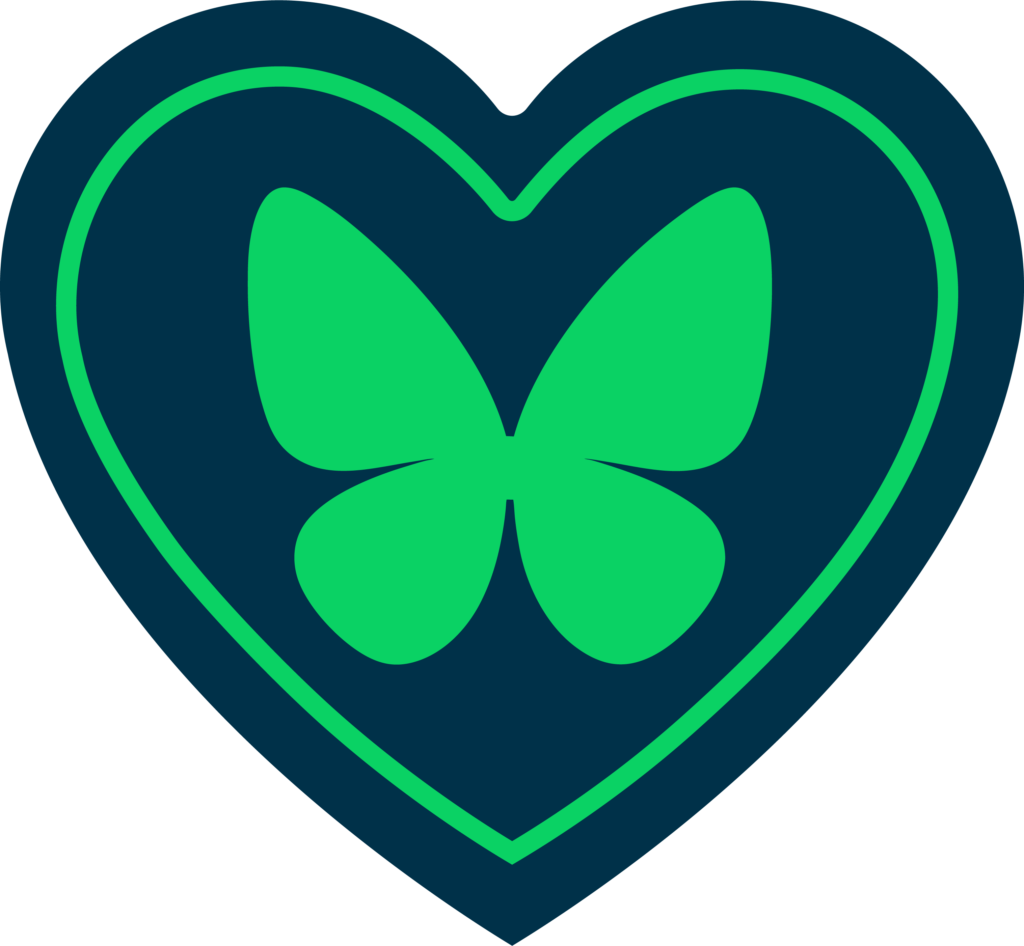 A green butterfly inside a green heart outline.