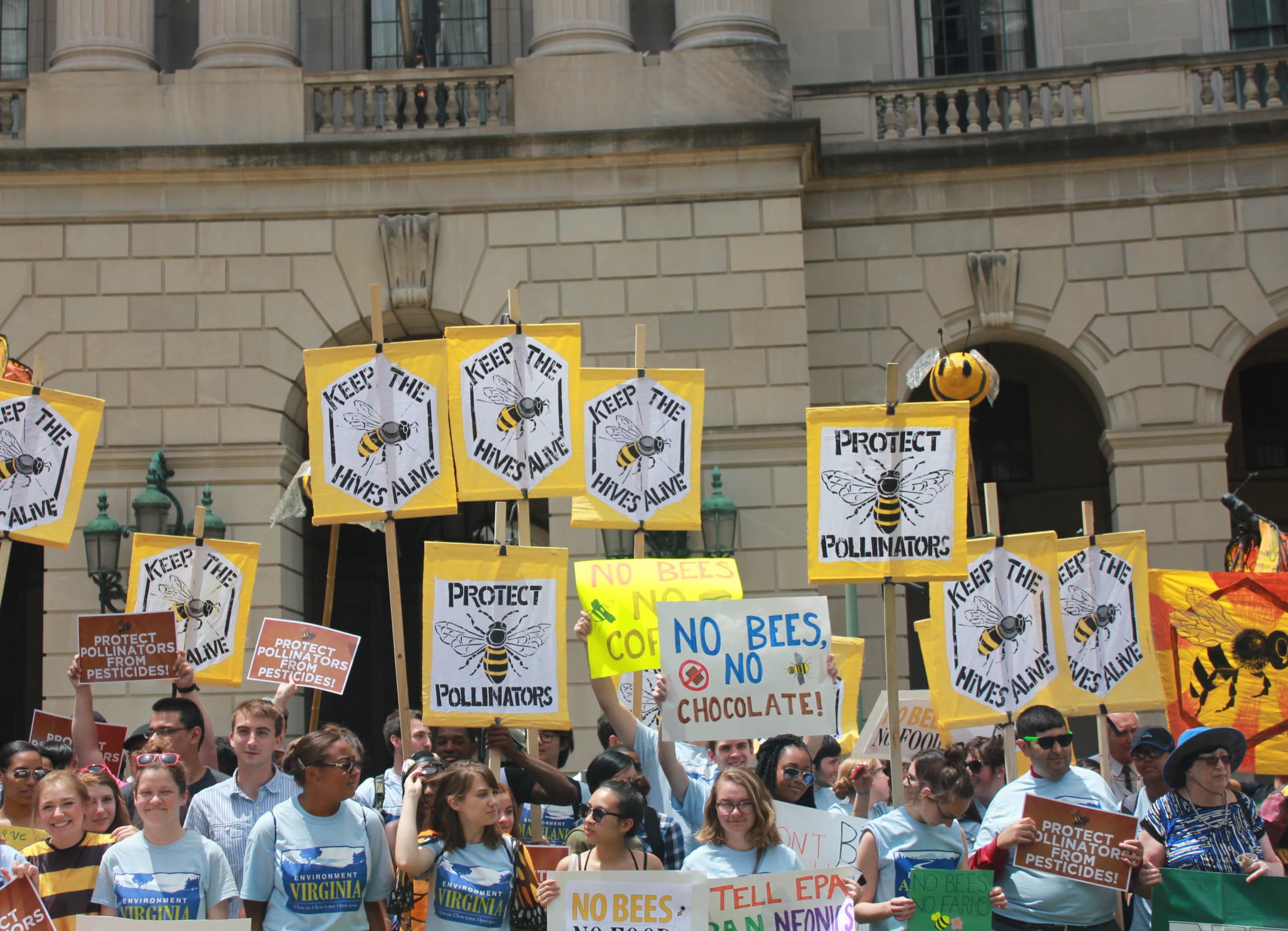 Activists holding signs to save bees