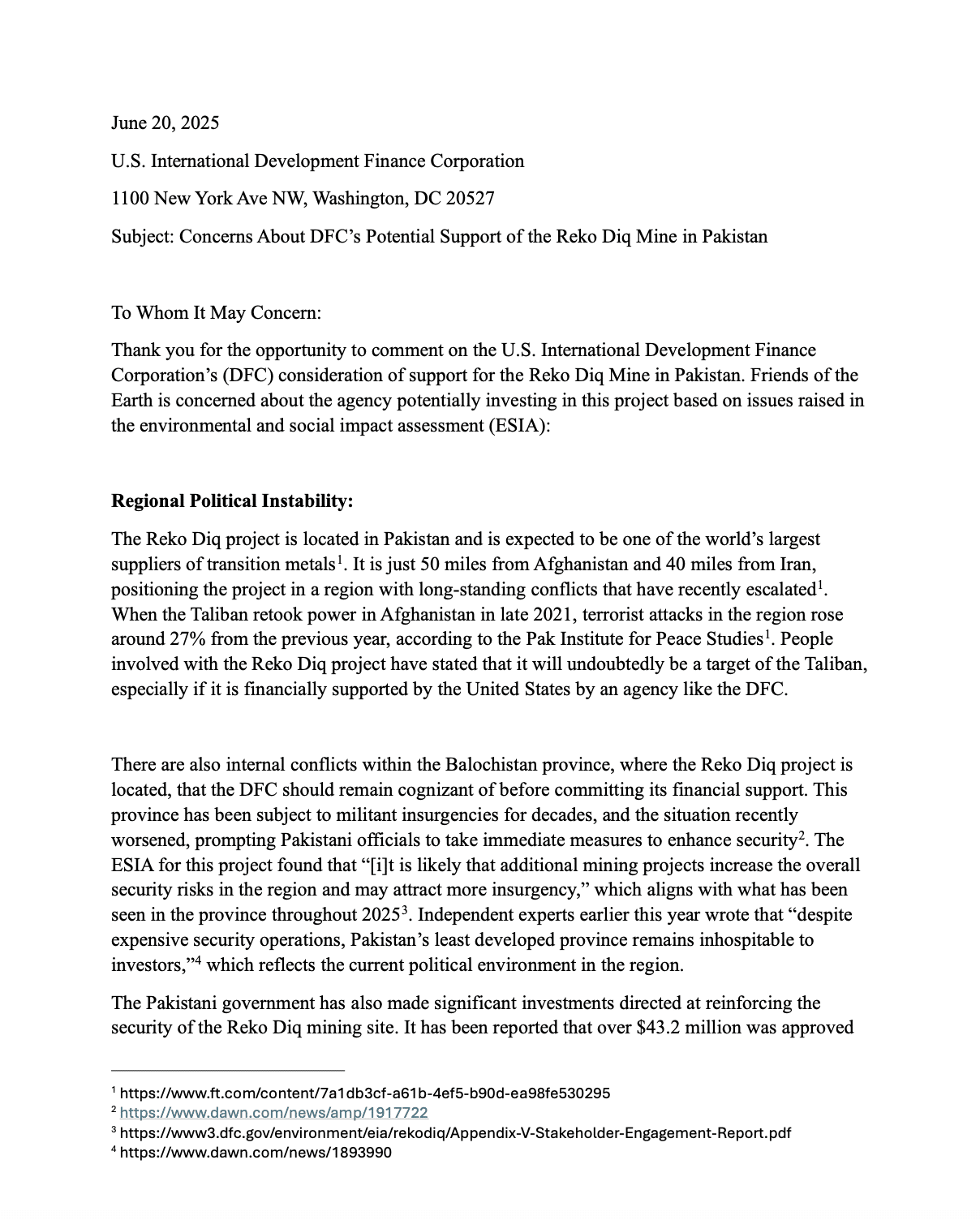 Letter to DFC on Reko Diq Mine