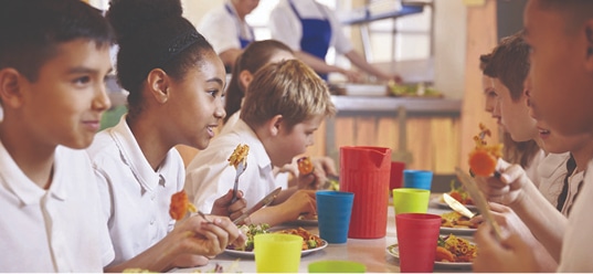 Several people sitting at a table eating lunch.