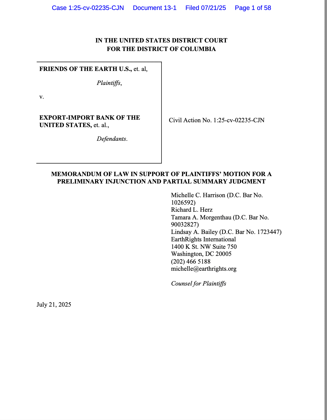Memorandum in Support of EXIM Complaint