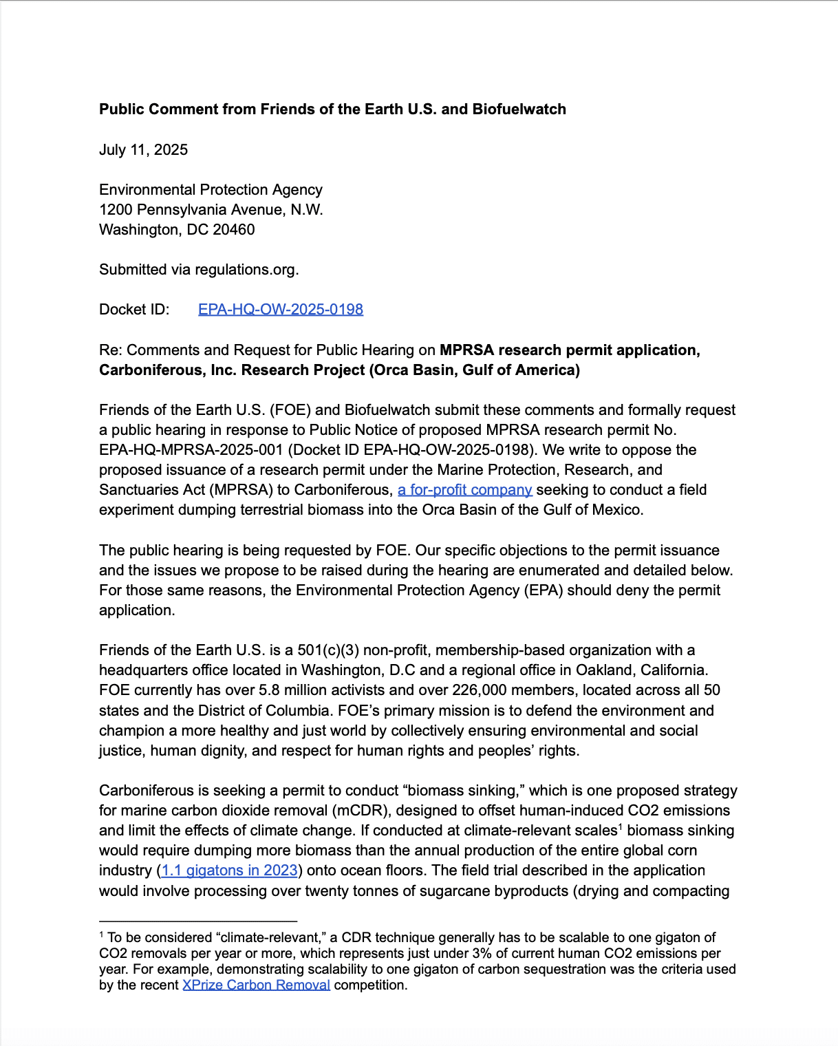 Public comment letter on Carboniferous geoengineering firm