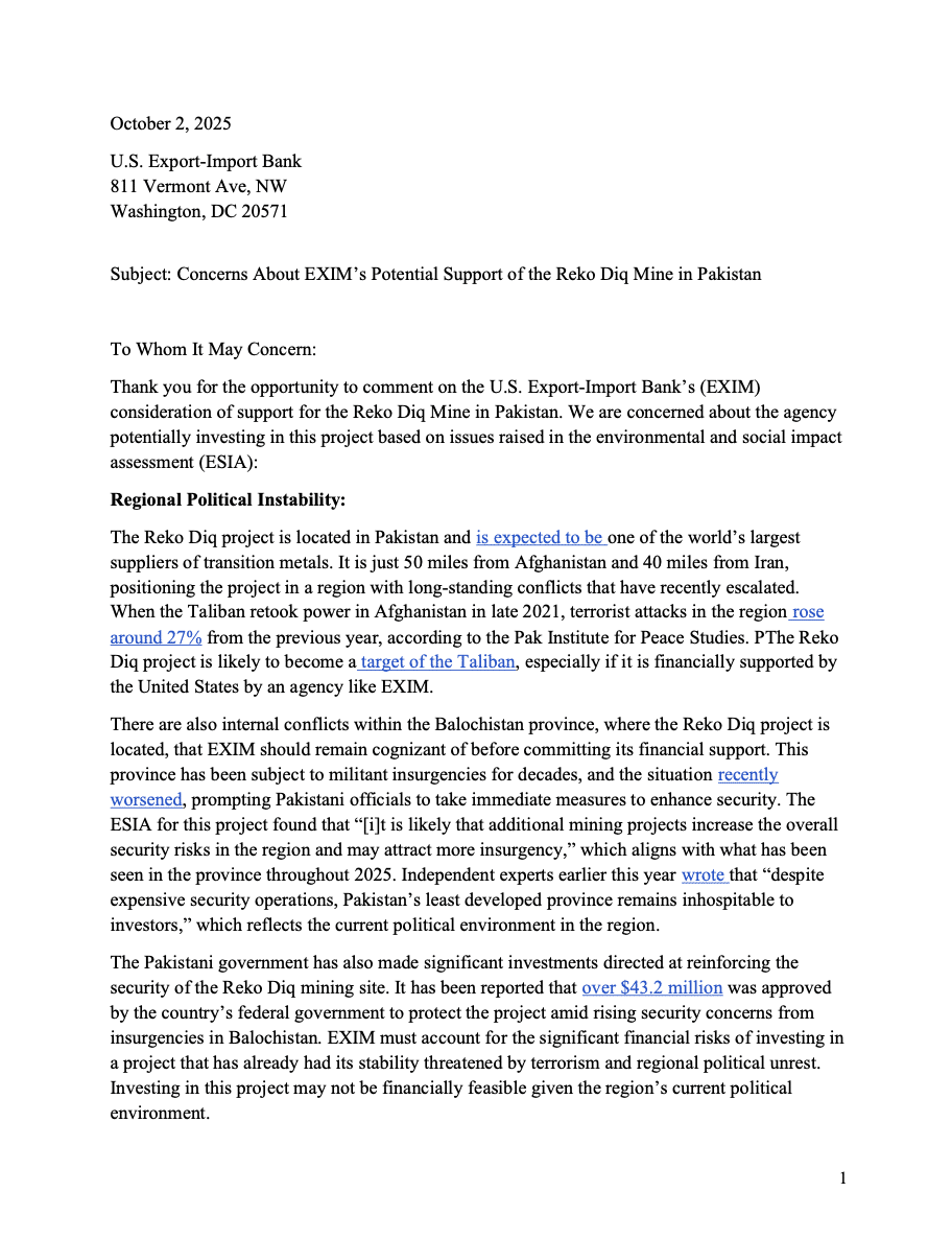 Letter on EXIM’s Potential Support of Reko Diq Mine