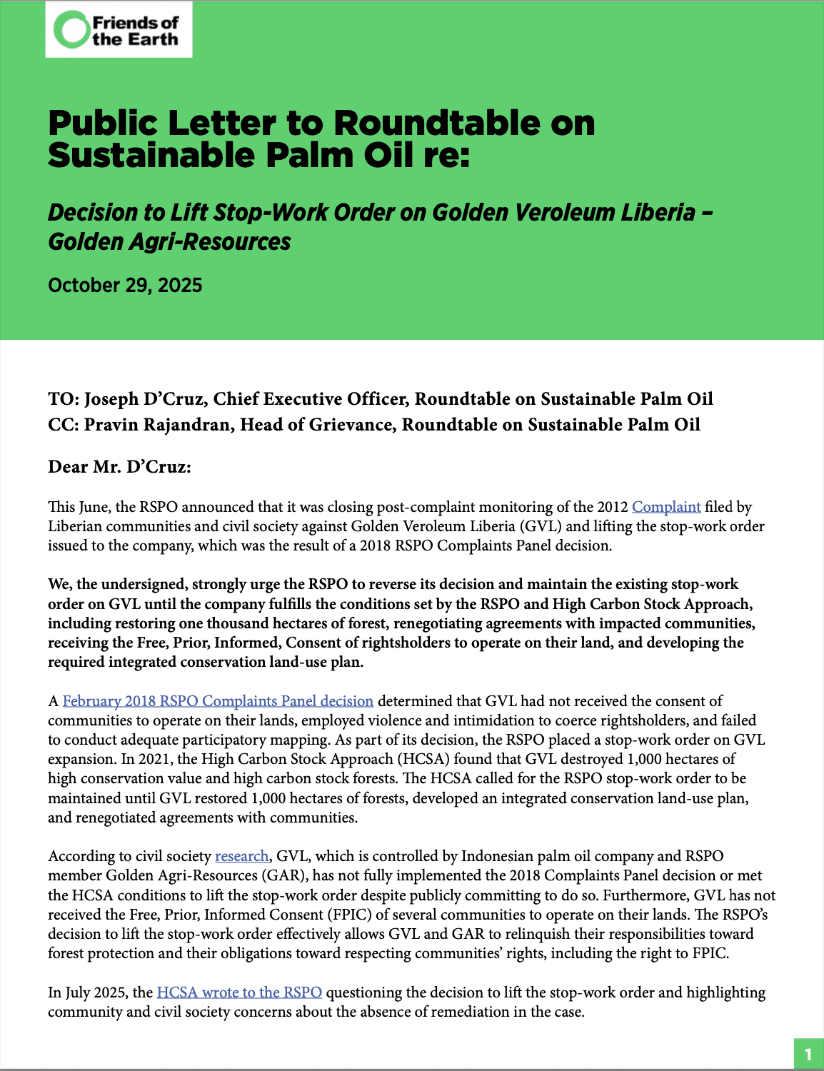Public Letter to Roundtable on Sustainable Palm Oil on GVL