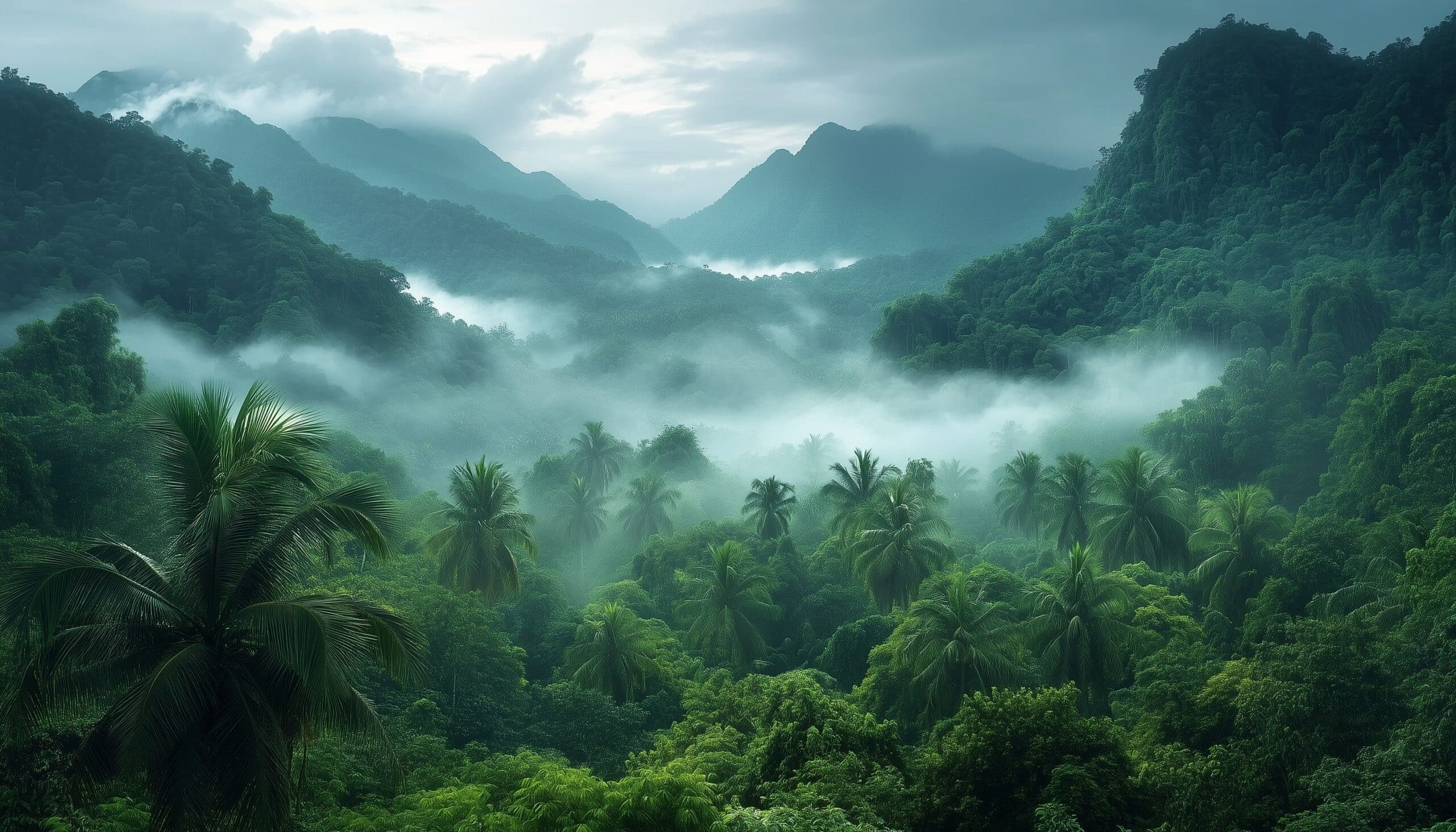 May contain lush green jungle with mountains shrouded in mist and palm trees.