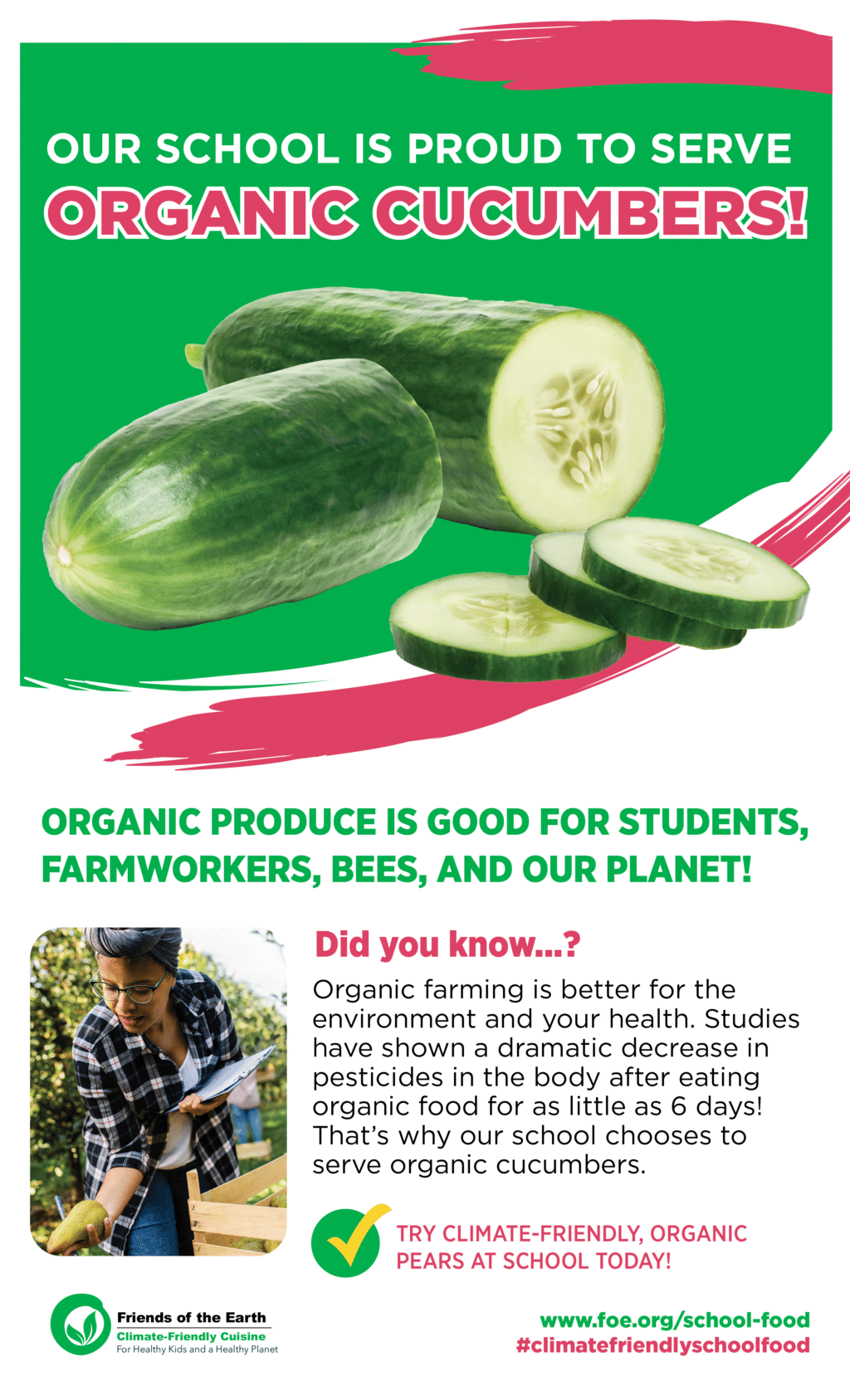 May contain three whole and sliced organic cucumbers on a green background.