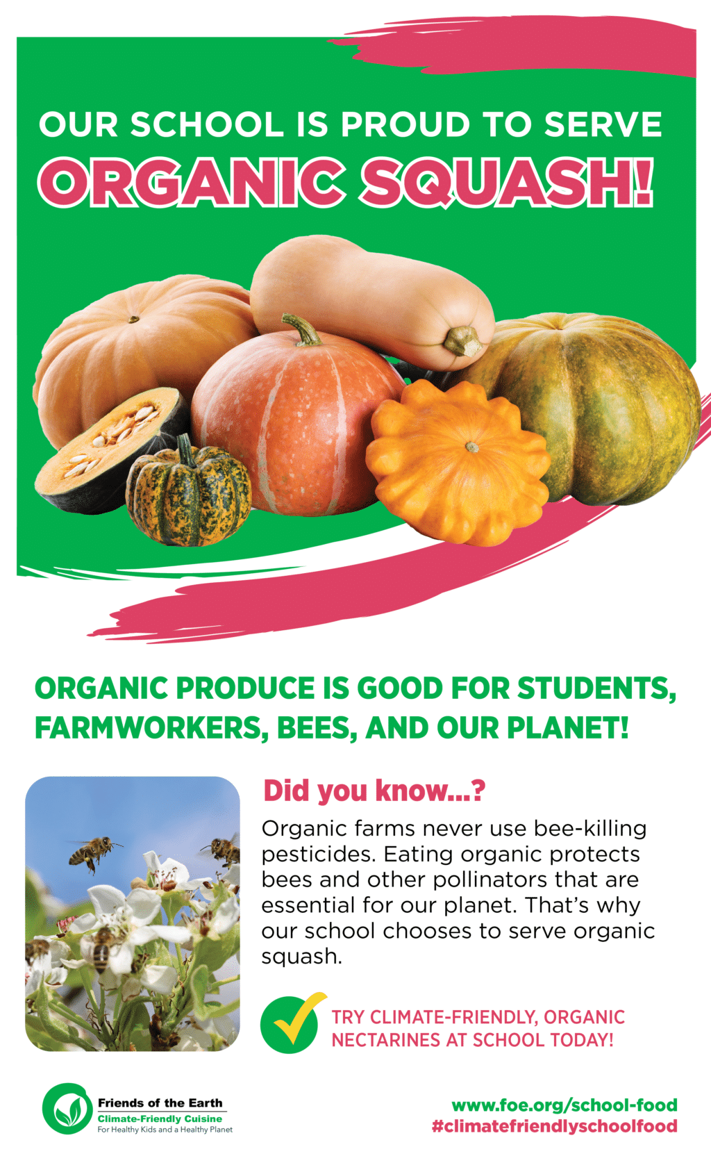 May contain various squash, a bee flying near a flower, and text about organic produce.