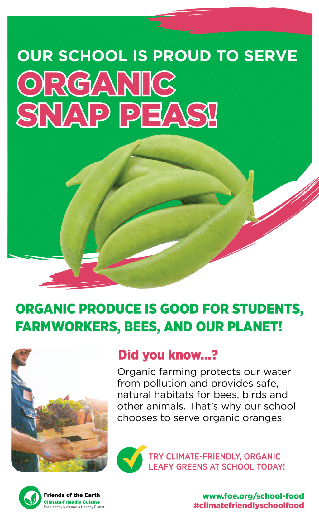 May contain a bunch of organic snap peas and a person holding a crate of vegetables.