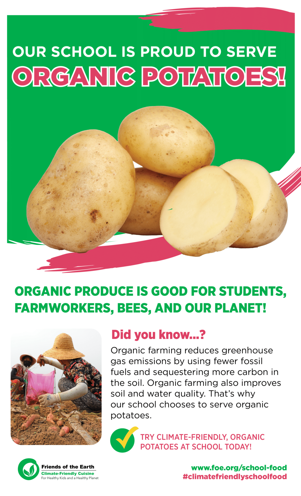 May contain whole and sliced organic potatoes and two people in a field.