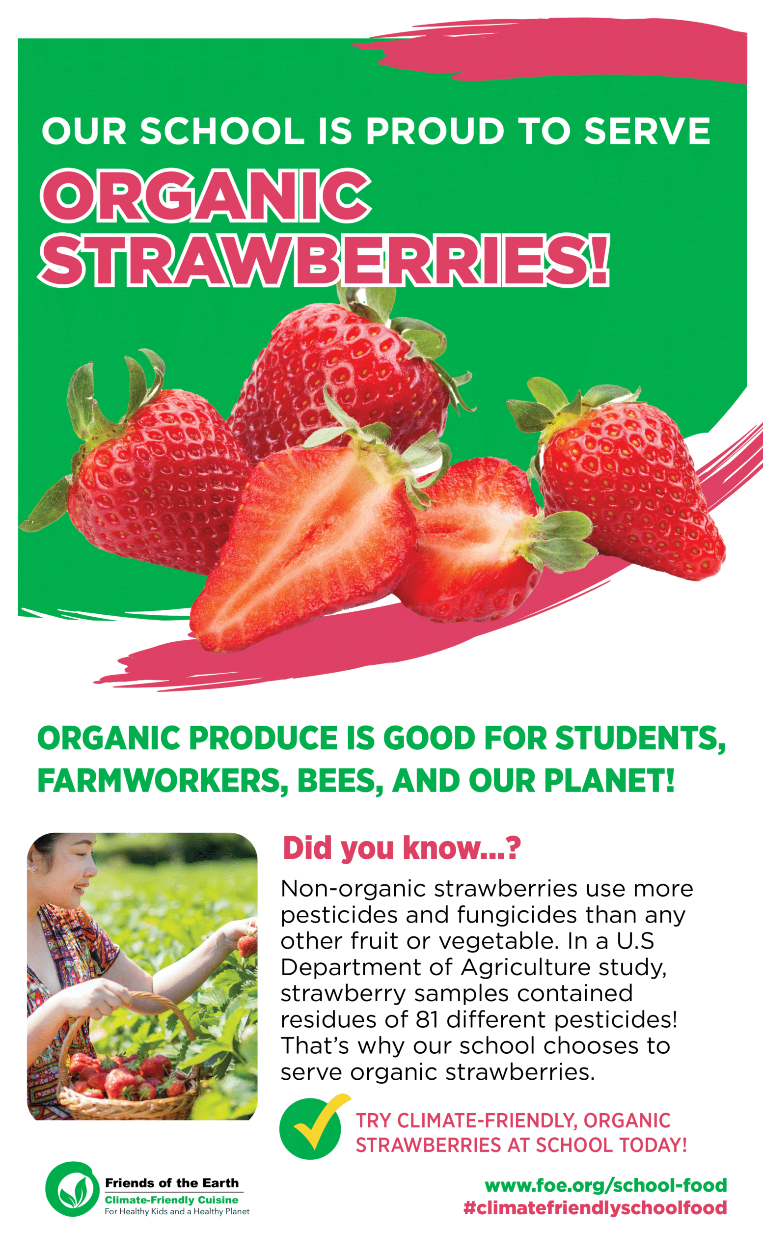 May contain a person picking strawberries and text about organic strawberries.