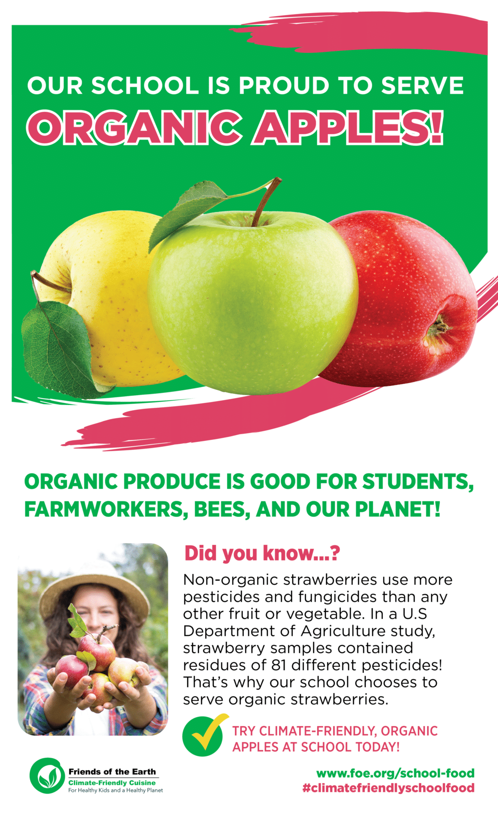 May contain three apples, a person holding apples, and text.