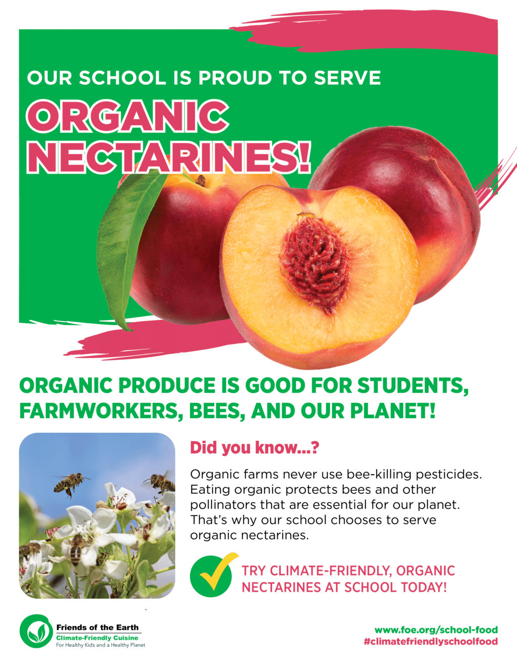 May contain three nectarines, one cut in half, and two bees on flowers.